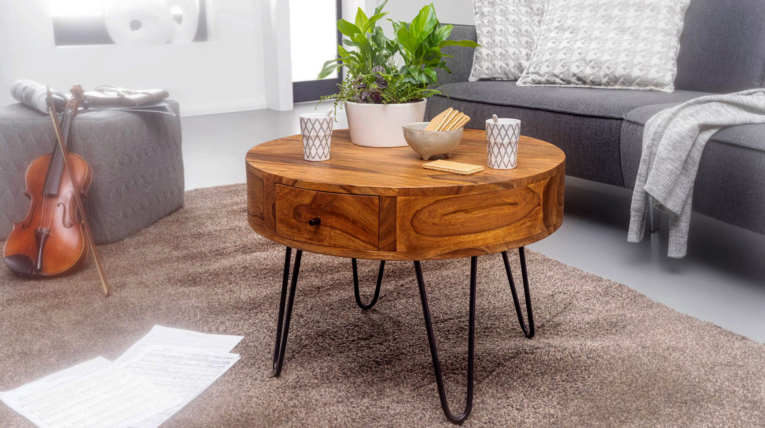 Couchtisch rund mit Schublade Sheesham massiv gebeizt 60 cm