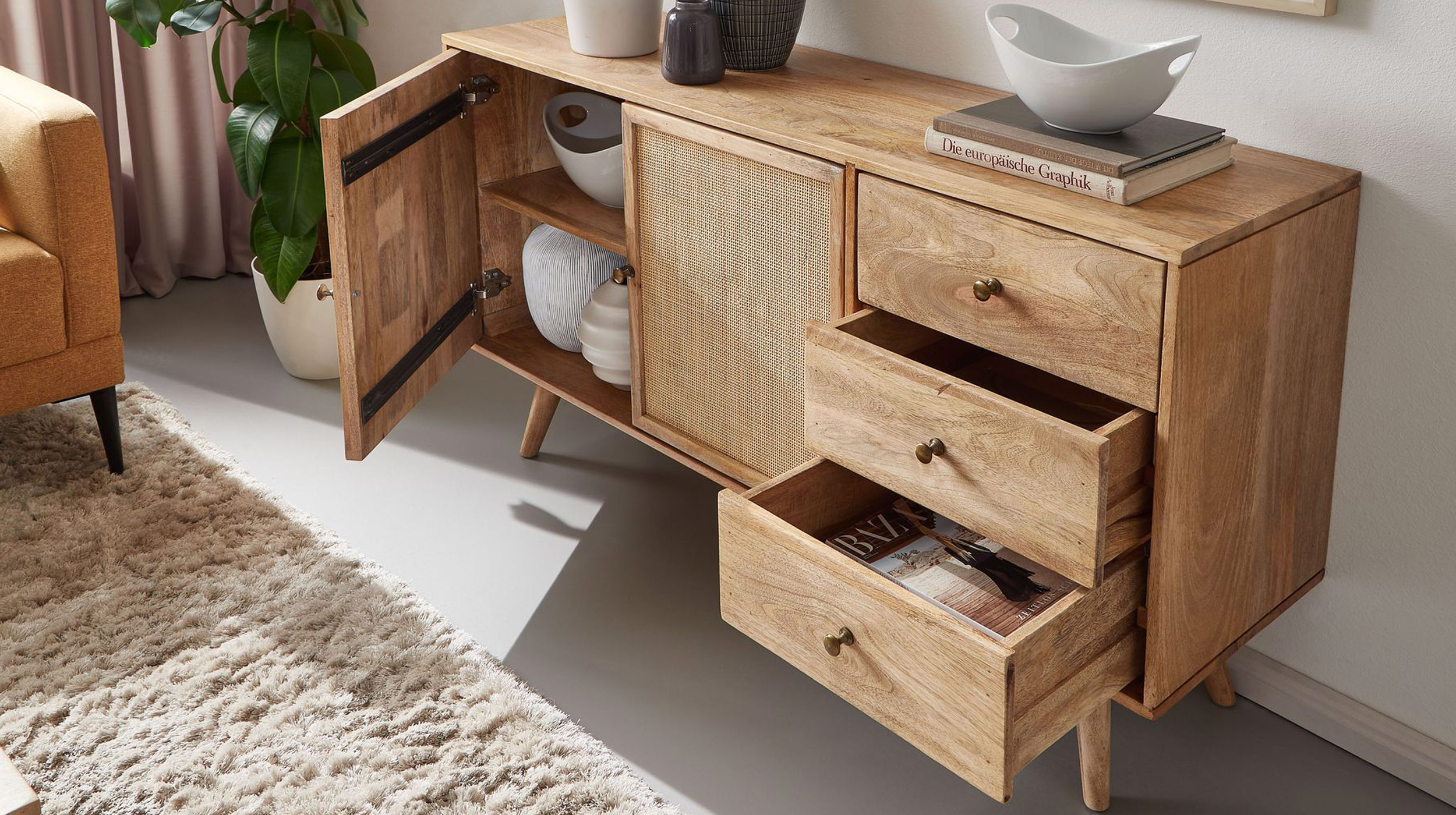 Sideboard mit 3 Schubladen Mango massiv - Rattan 140 cm - RIKARD