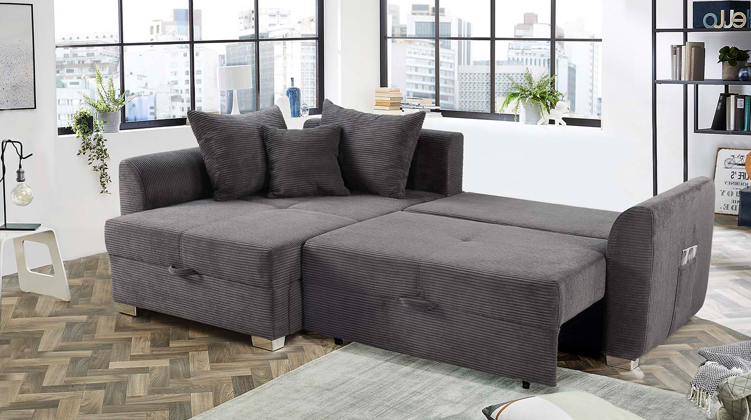 Ecksofa Cord Schlaffunktion Bettkasten grau 236 cm - BOOMER