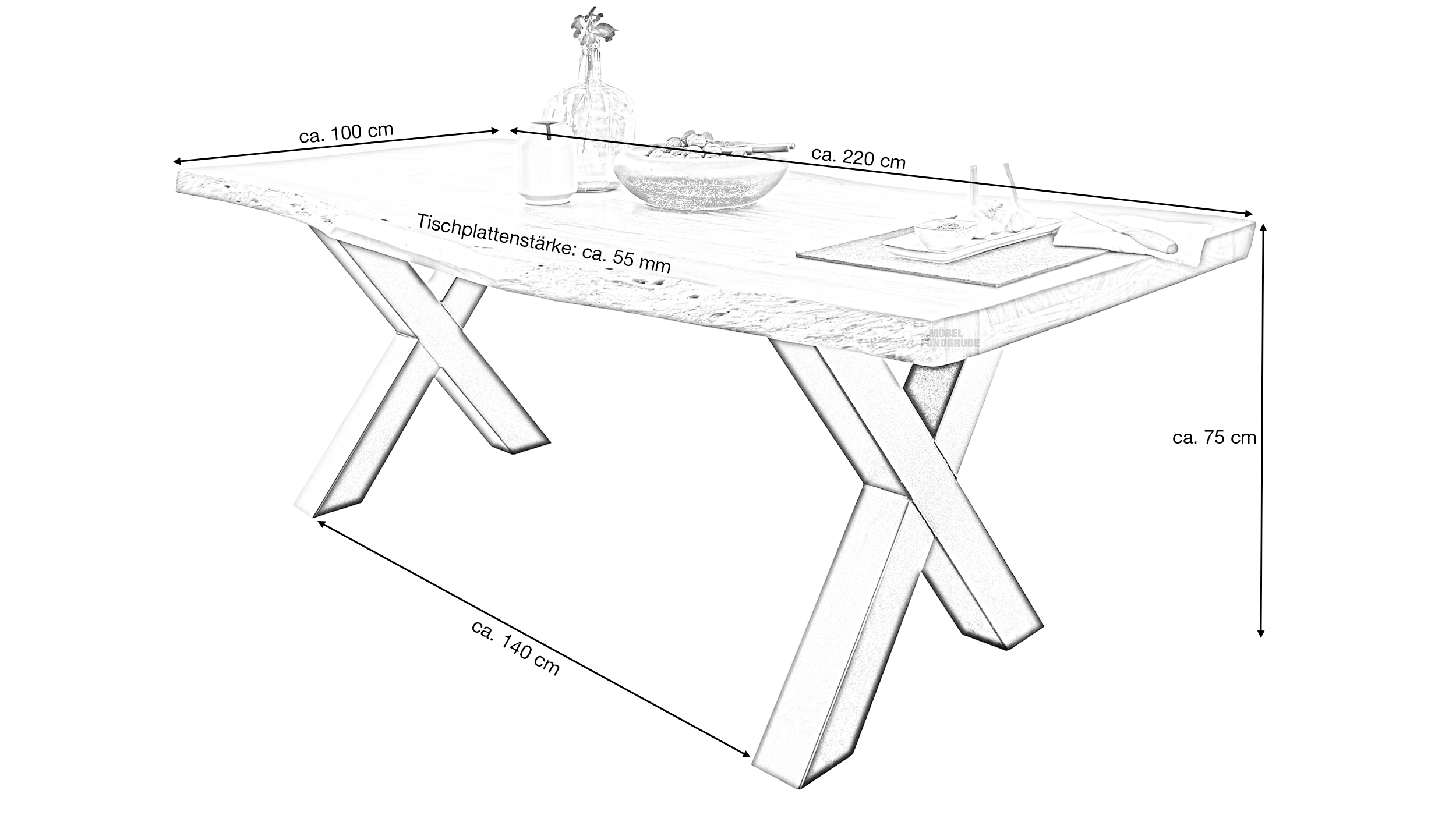 Esstisch Baumkantentisch 220 cm massiv Akazie - TOMASO