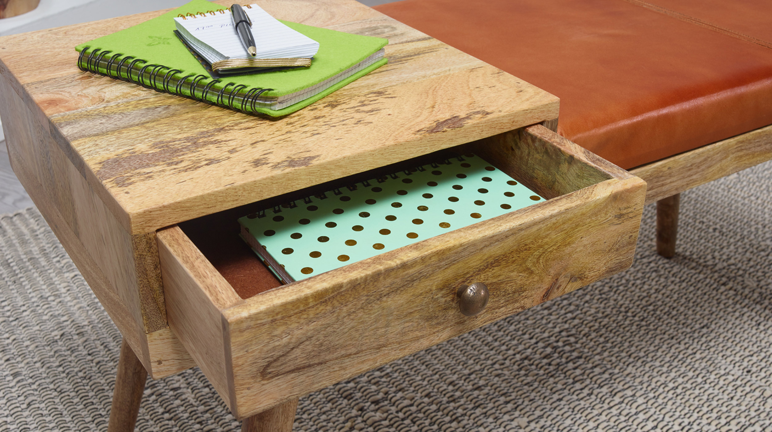 Sitzbank mit Schublade 100 cm Mangoholz massiv - Leder - ELKA 