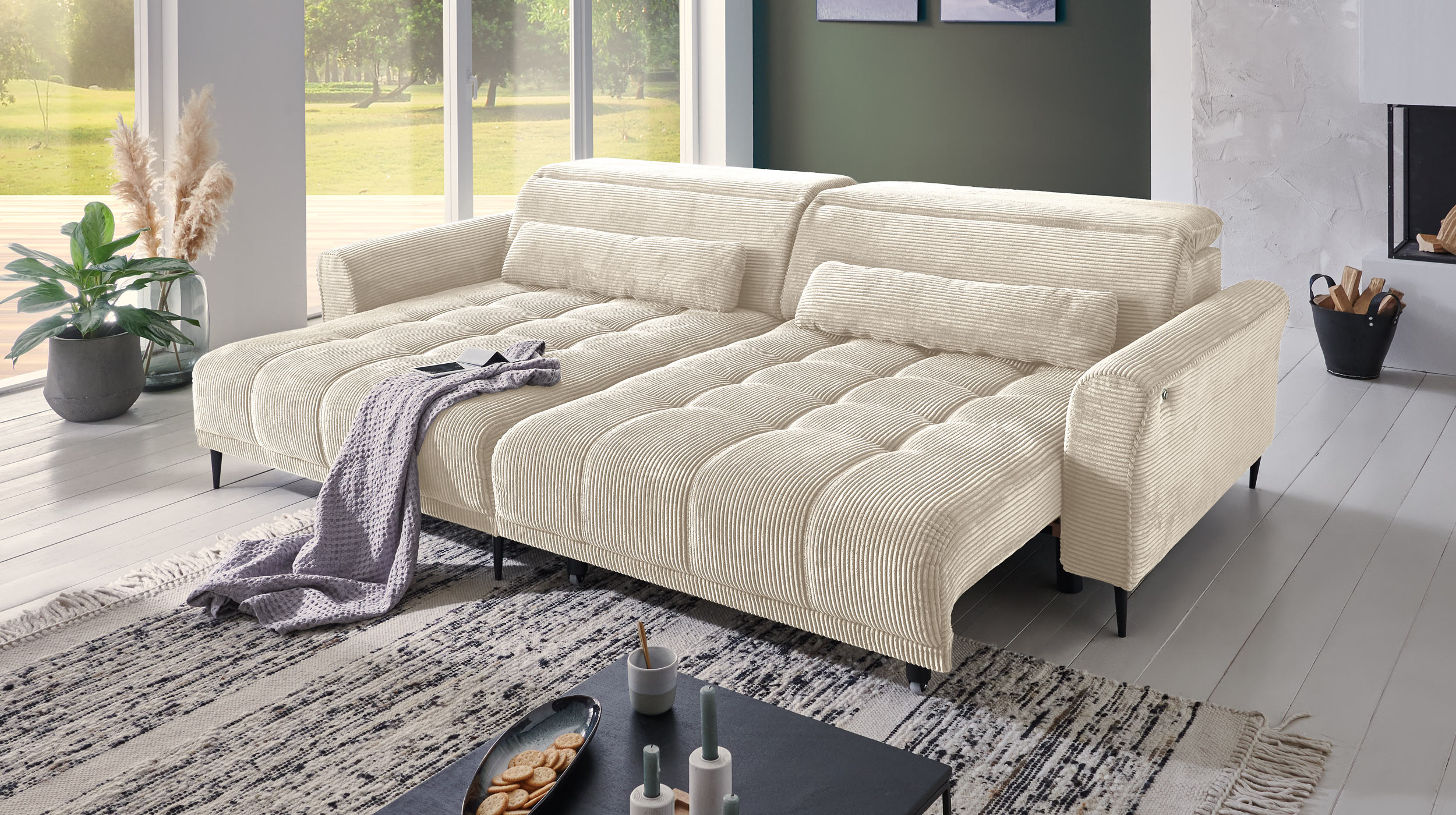 Ecksofa Cord beige ausziehbar - Sitztiefenverstellung - 277 cm - OT links - LOGAN