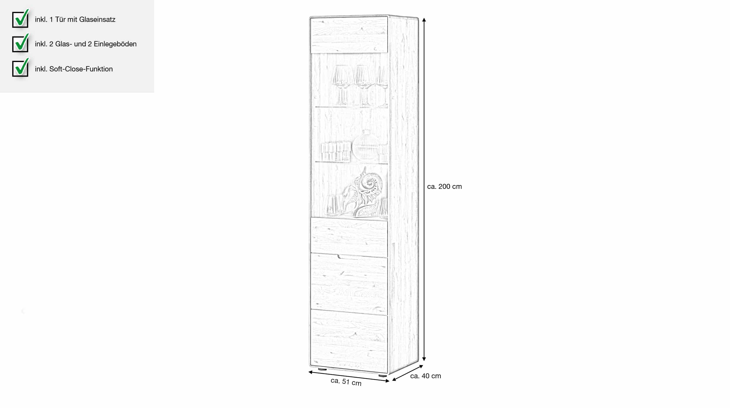 Vitrine mit Glastür Wildeiche massiv 51 cm - LUCAS