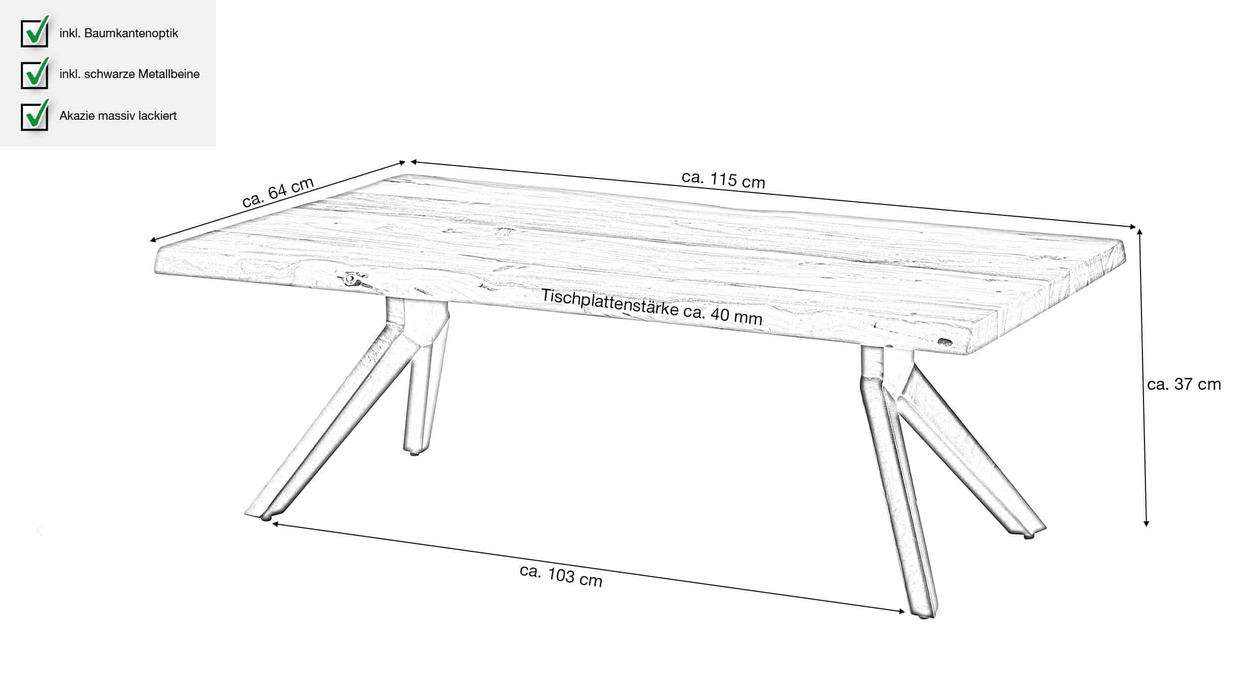 Couchtisch Baumkantentisch Optik 115 cm Akazie massiv - BRAGI 