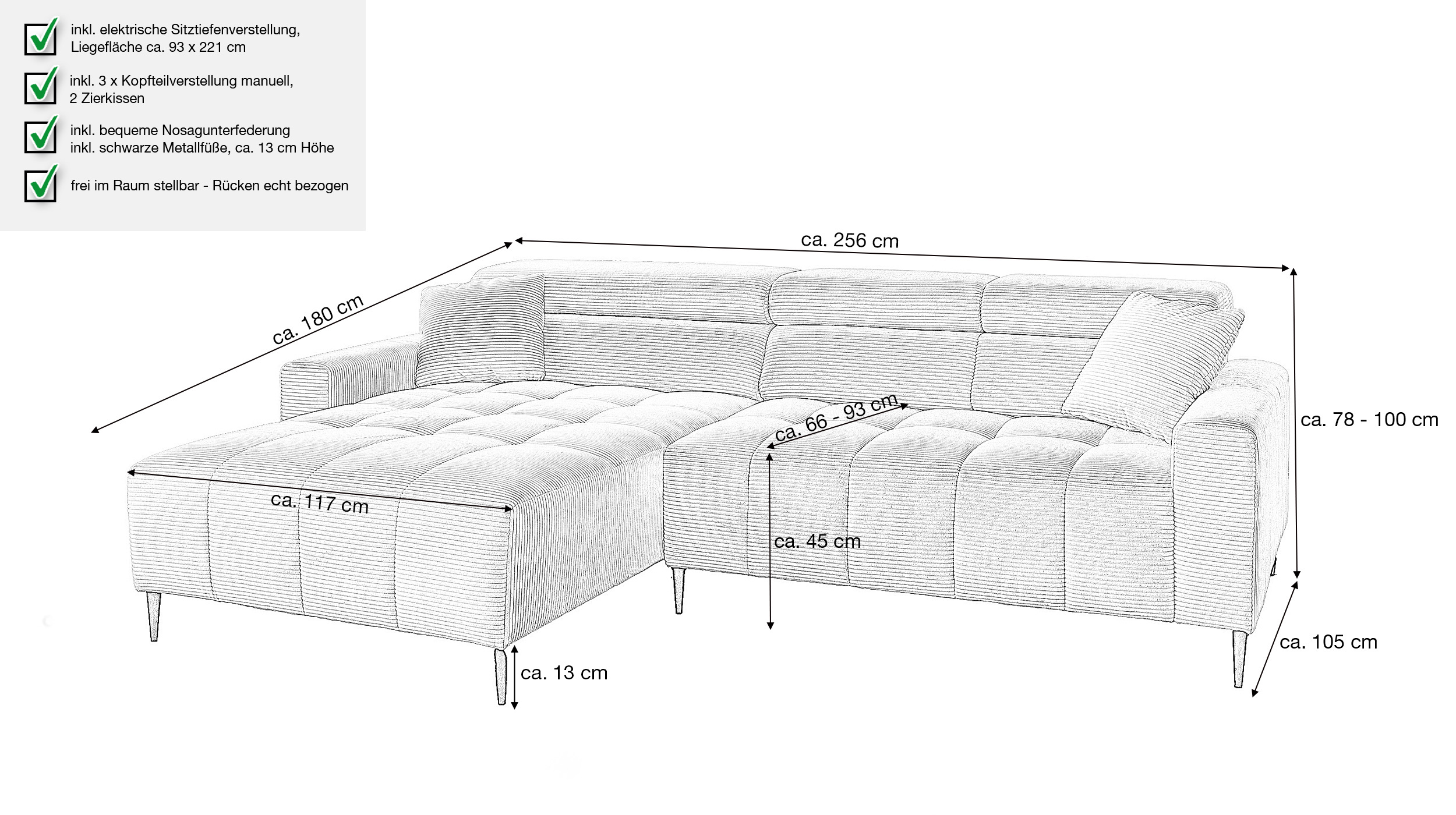 Ecksofa Cord beige elektrisch ausfahrbar 256 cm - OT links - SIMPLE 