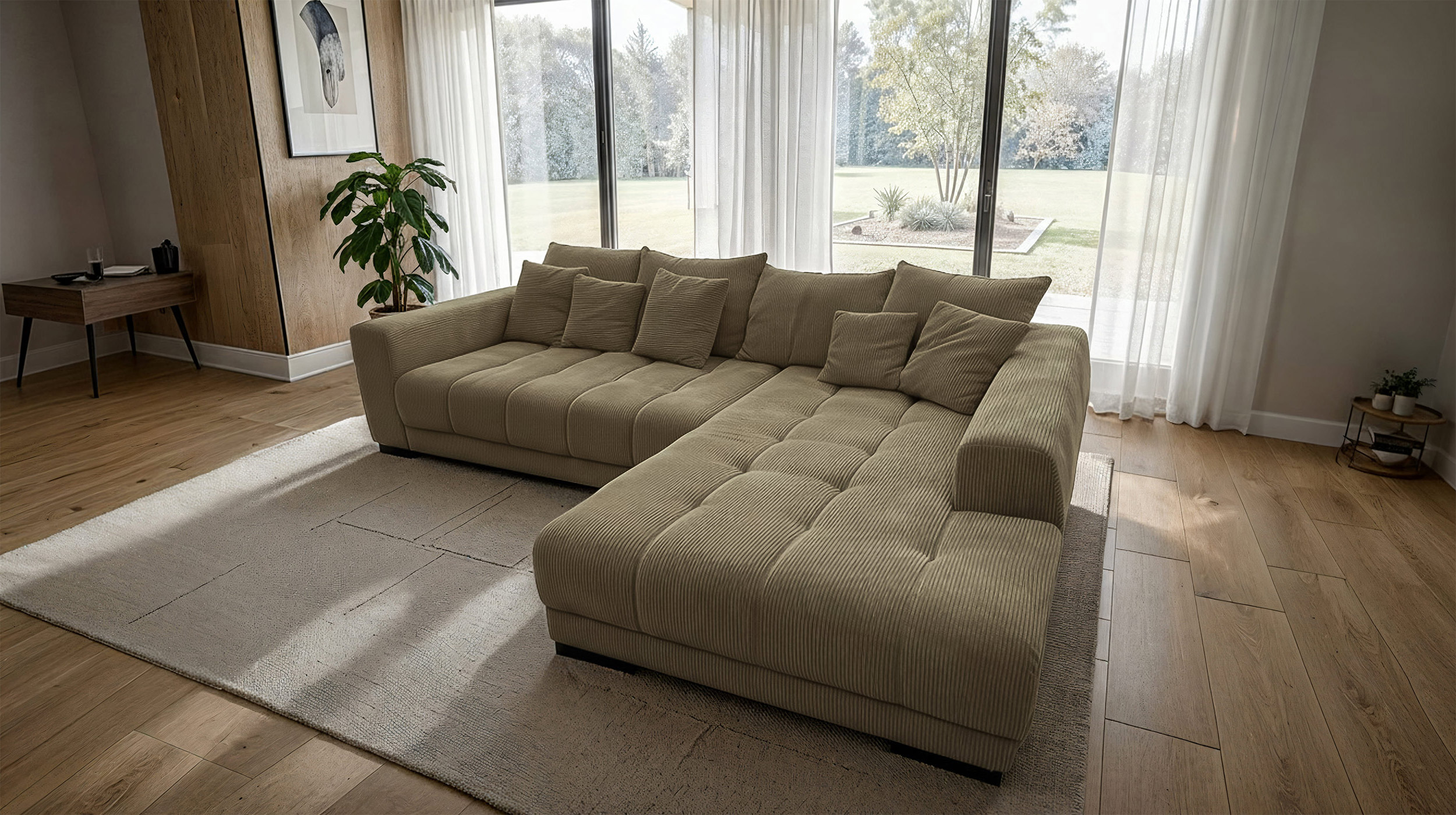 Ecksofa Cord grün 300 x 215 cm - OT rechts - ARTEMIS