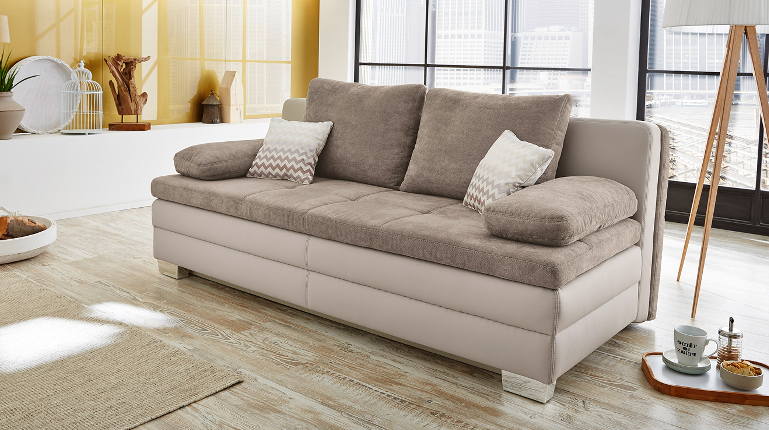 Schlafsofa Bettkasten Dauerschläfer beige 203 cm - LESLO
