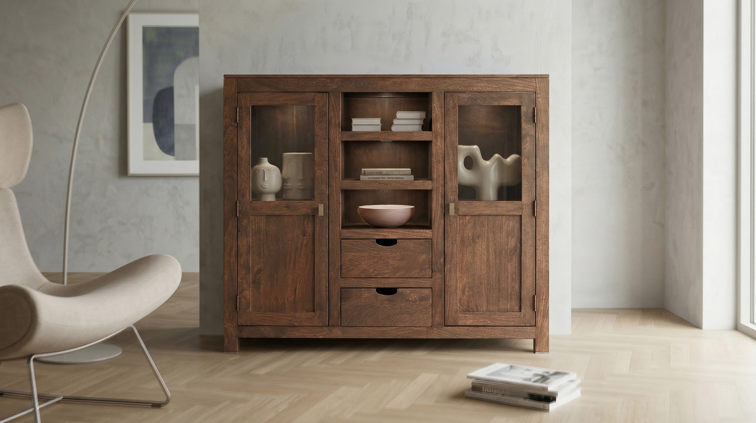 Highboard Mango massiv gebeizt montiert - Glastüren - MANGALA