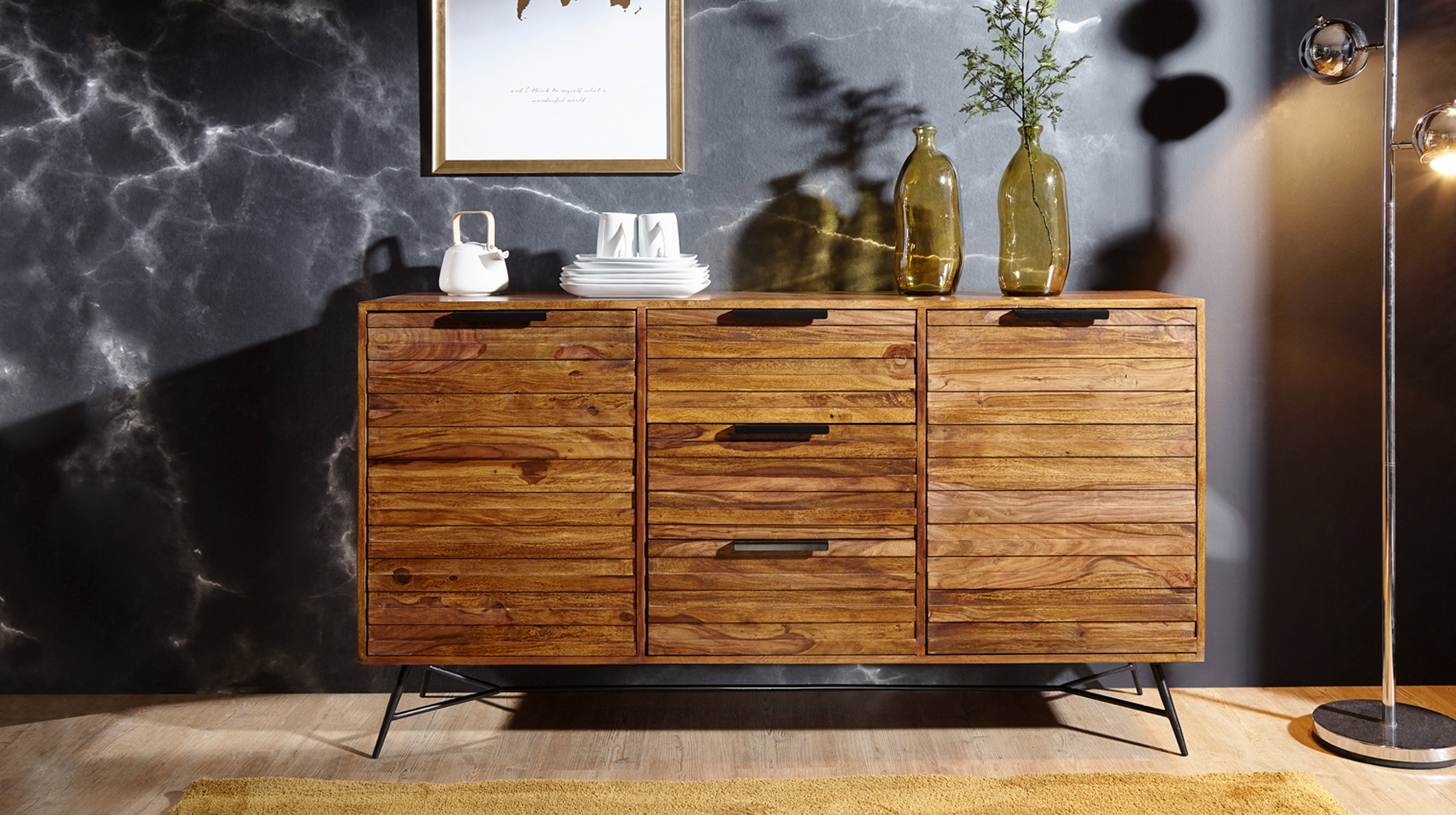 Sideboard 3 Schubladen Sheesham massiv gebeizt 160 cm - TORHILD