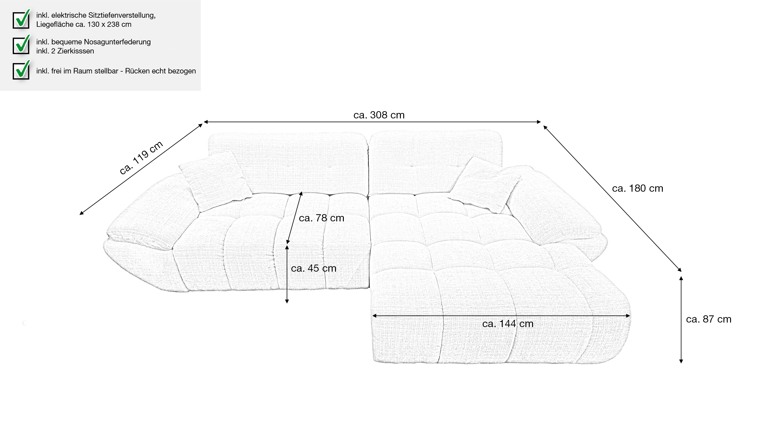 Ecksofa creme elektrisch ausfahrbar 308 cm - OT rechts - HUGO