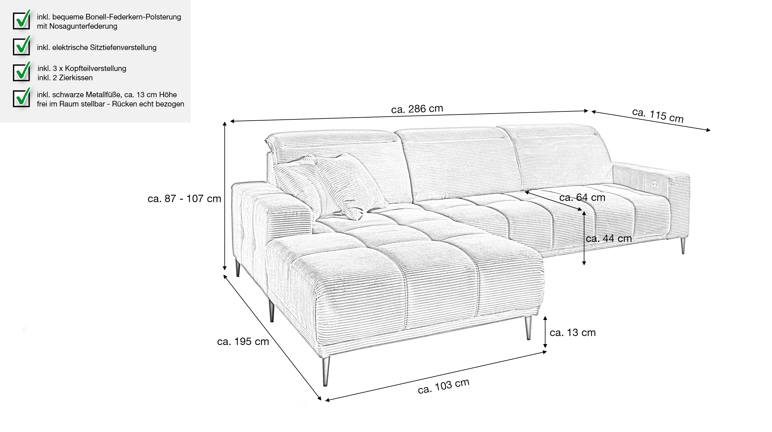 Ecksofa Cord beige ausziehbar - Sitztiefenverstellung 286 cm - OT links - MARISOL