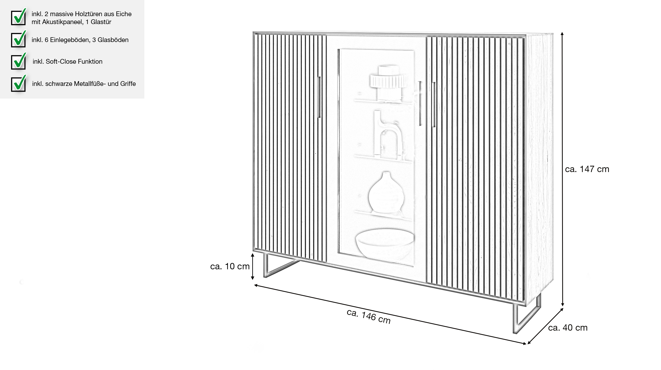 Highboard mit Glastür Eiche geölt 146 cm - BELLA