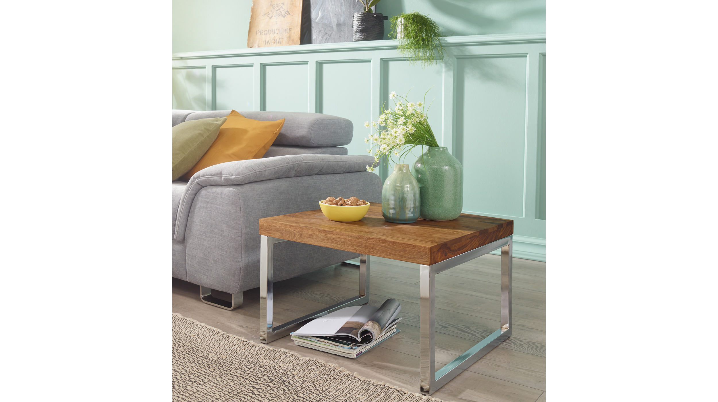 Beistelltisch Sheesham massiv gebeizt 60 x 60 cm Metallgestell - GRETE