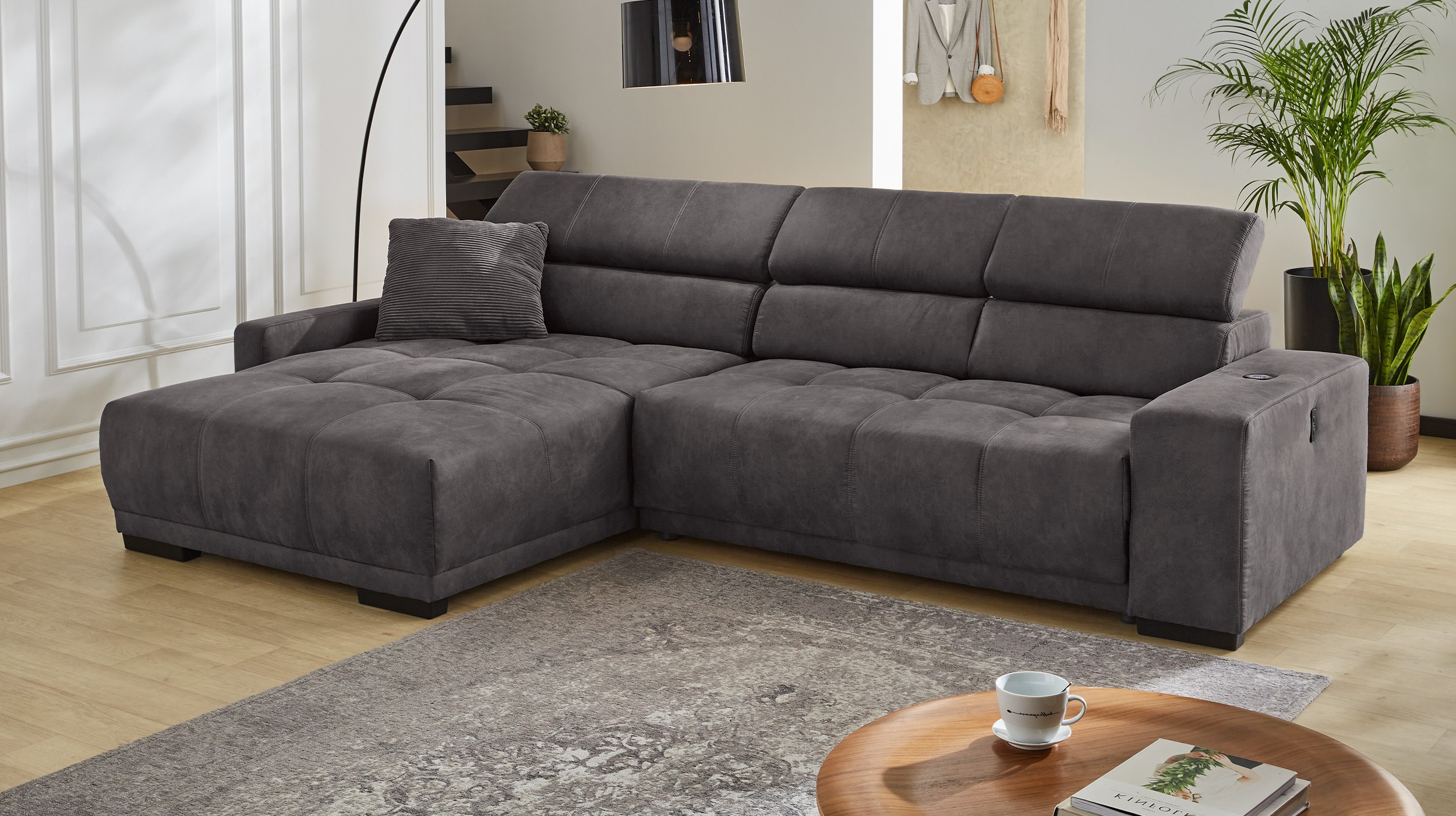 Ecksofa grau ausziehbar - Sitztiefenverstellung 315 cm - LE MANS