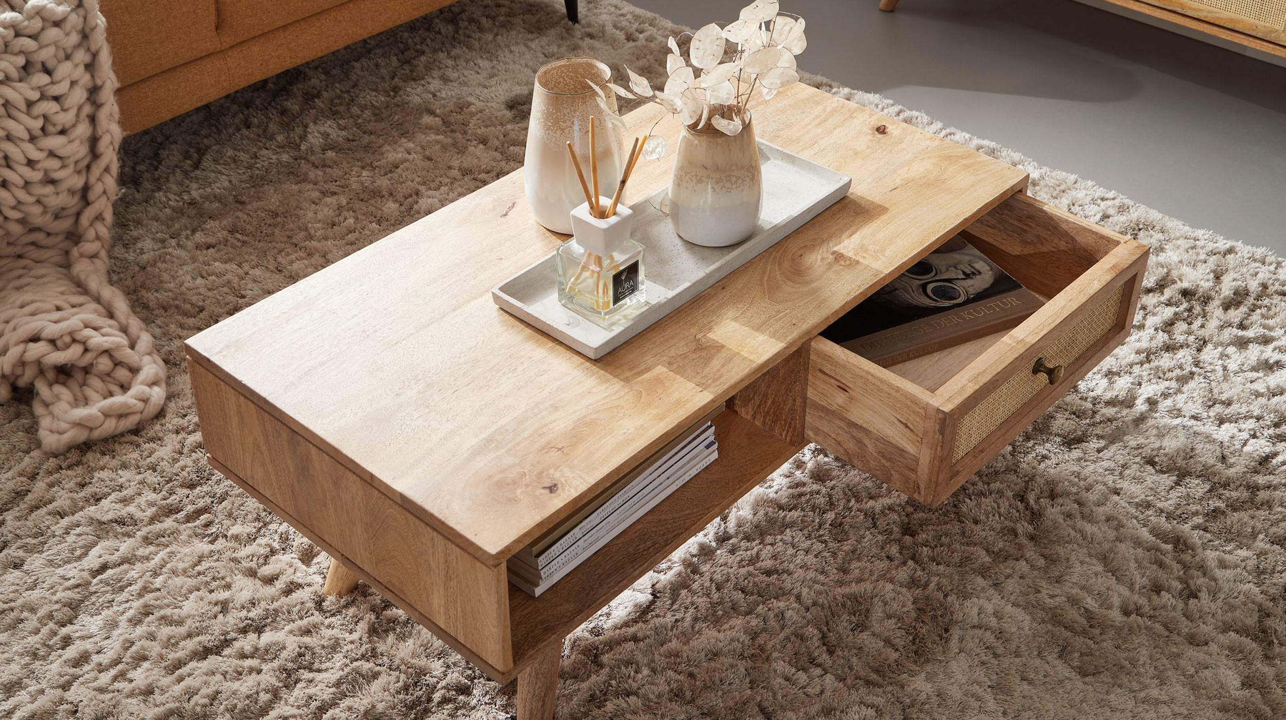 Couchtisch mit Schublade Mango massiv - Rattan 90 x 40 cm - RIKARD