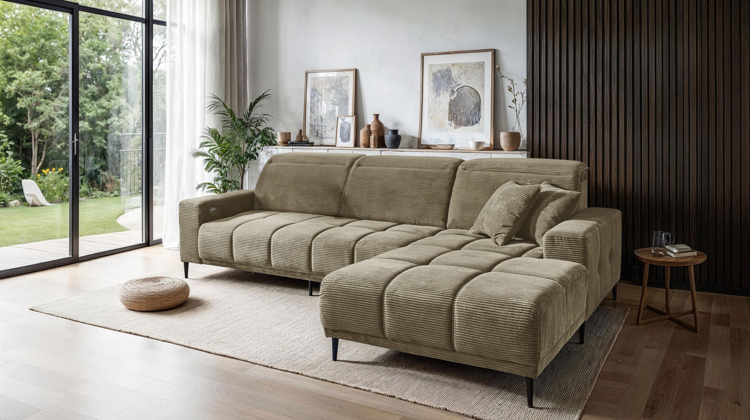 Ecksofa Cord grün ausziehbar - Sitztiefenverstellung 286 cm - OT rechts - MARISOL