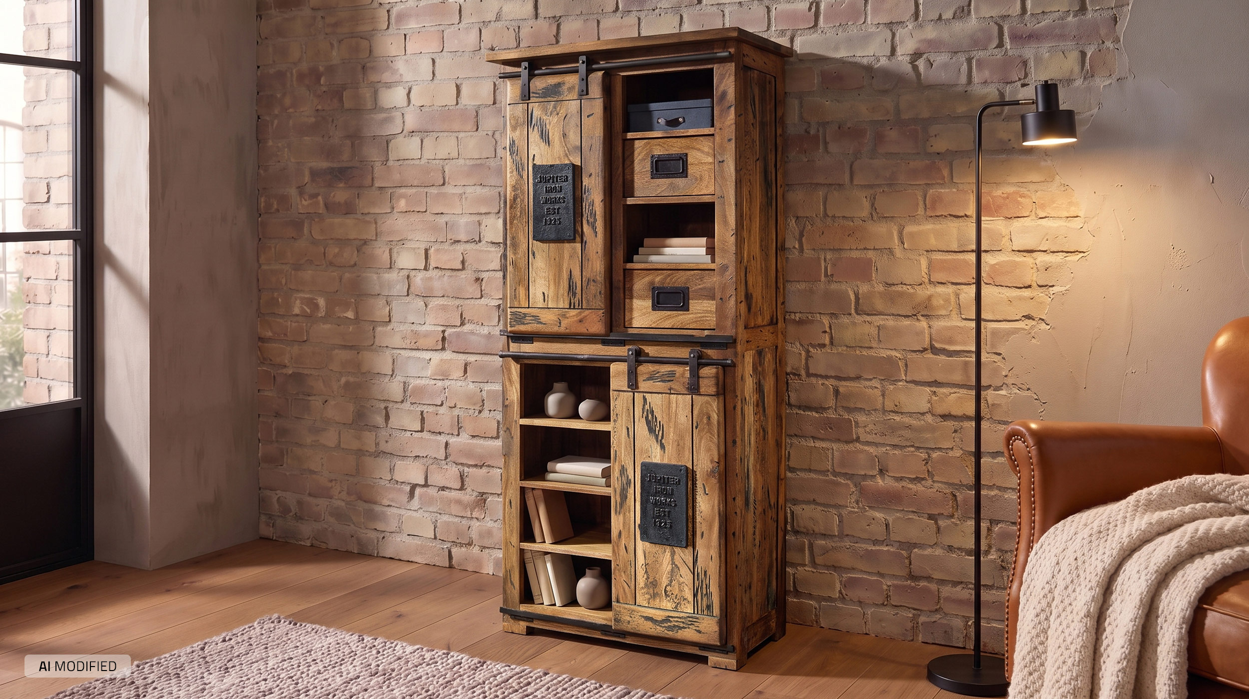Highboard mit 2 Rolltüren Mango massiv 80 cm - montiert - EMANUEL