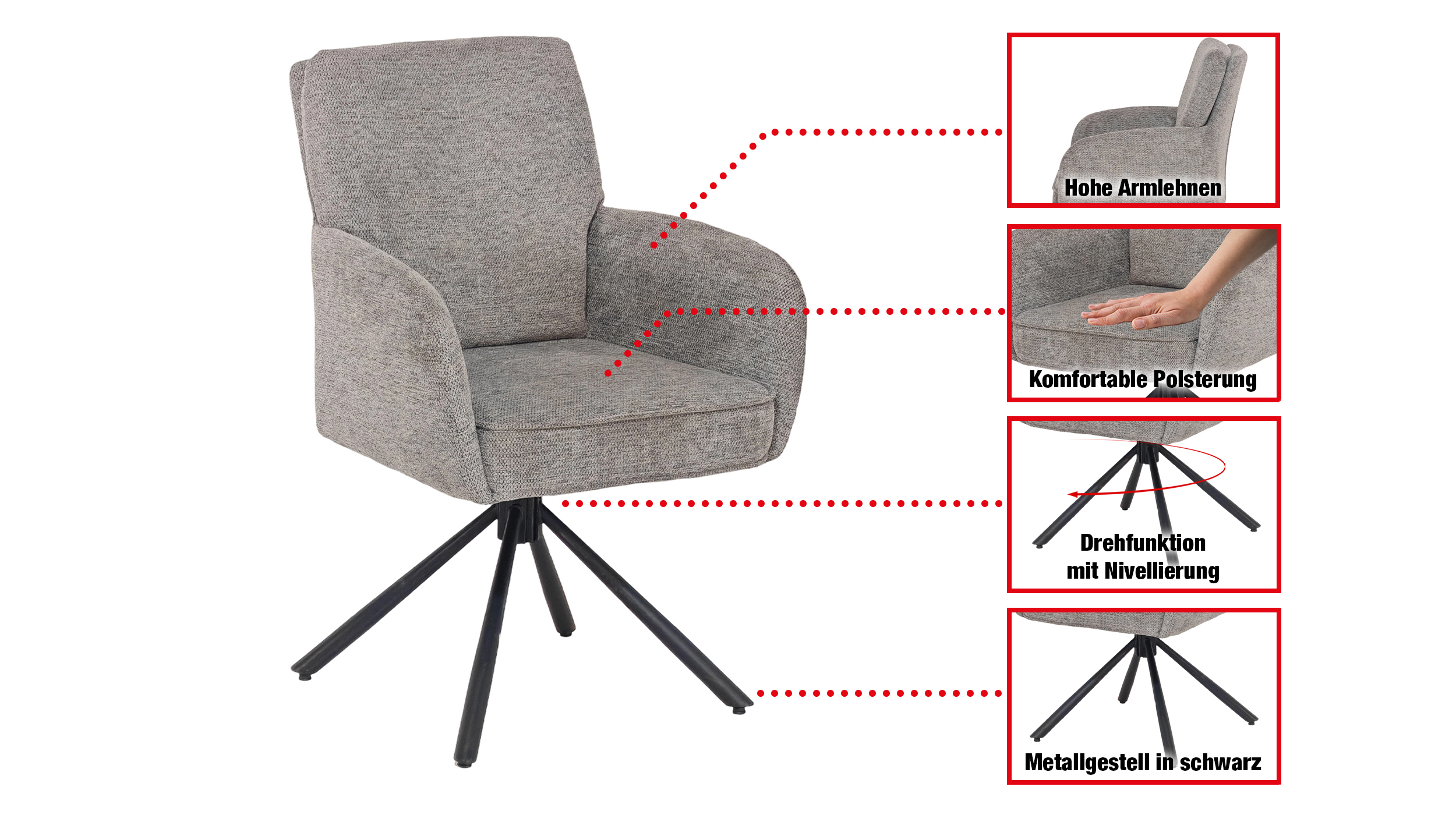 Armlehnstuhl grau Webstoff Drehstuhl Taschenfederkern - JÖRDIS