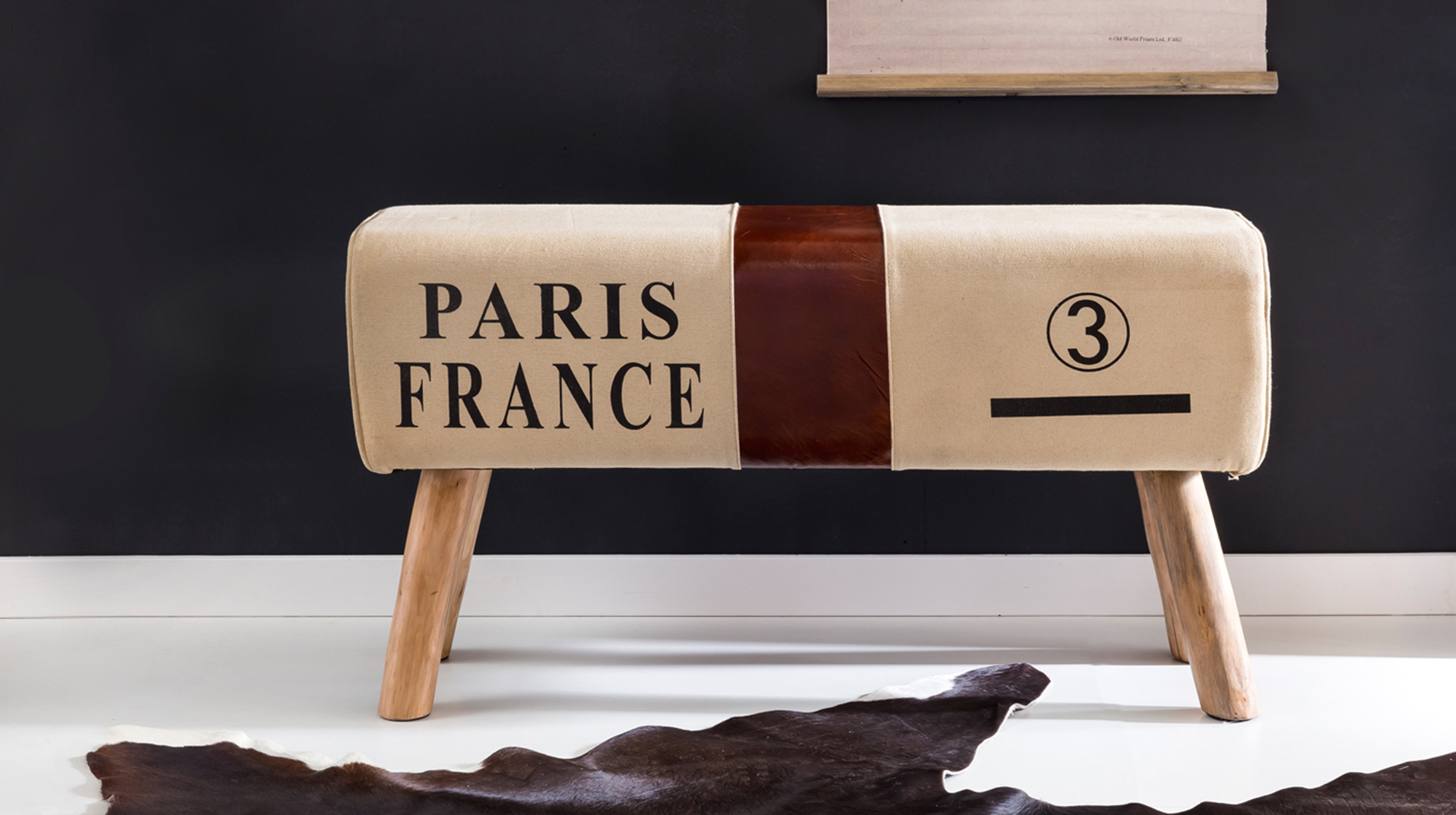 Sitzbank 91 cm Stoffbezug beige Eukalyptus massiv - CARLAS