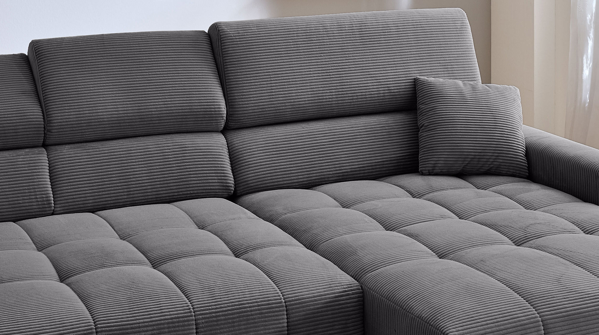 Ecksofa Cord grau ausziehbar - Sitztiefenverstellung 256 cm - OT rechts - SIMPLE