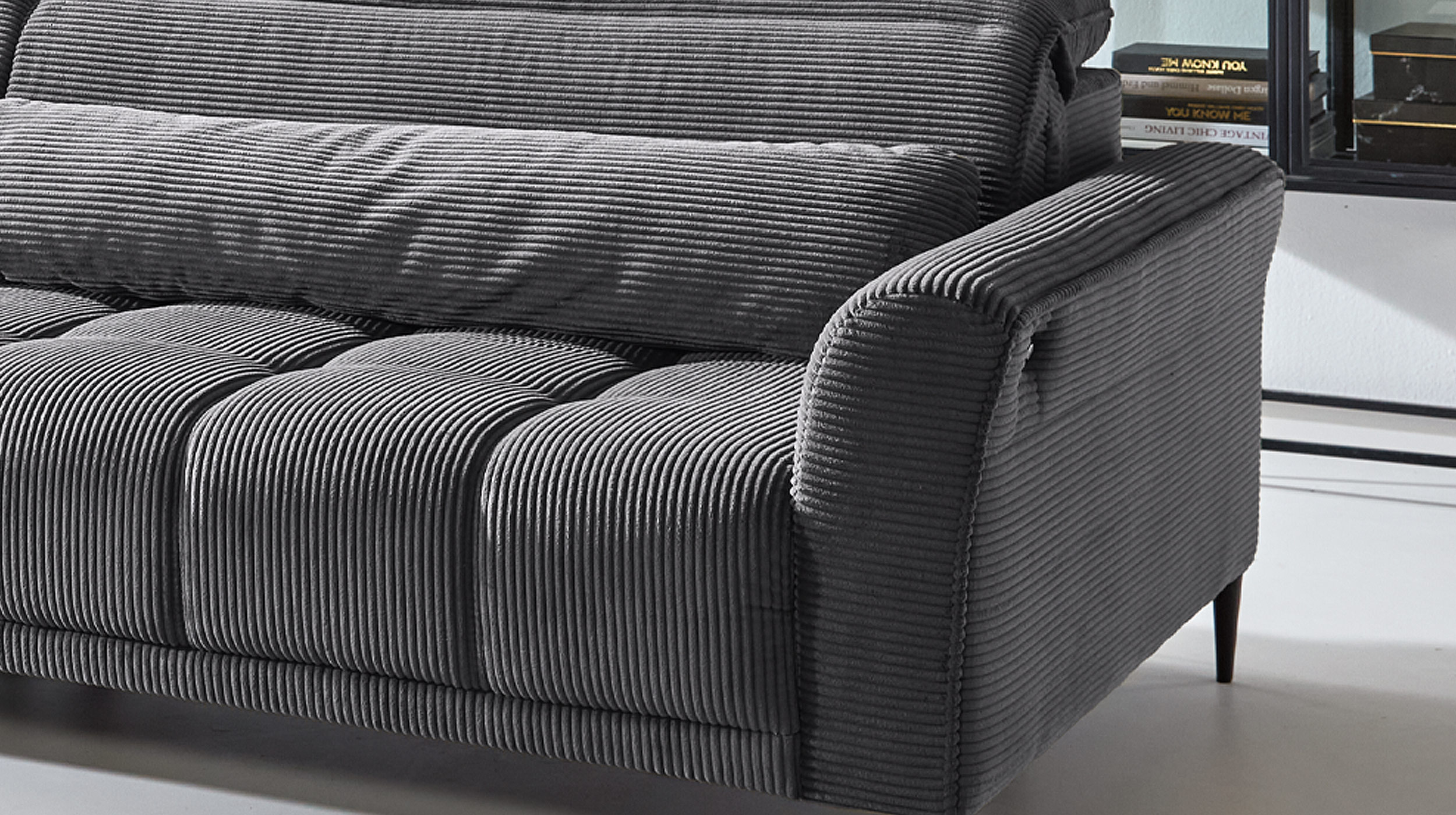 Big Sofa Cord grau ausziehbar - Sitztiefenverstellung - 280 cm - LOGAN 