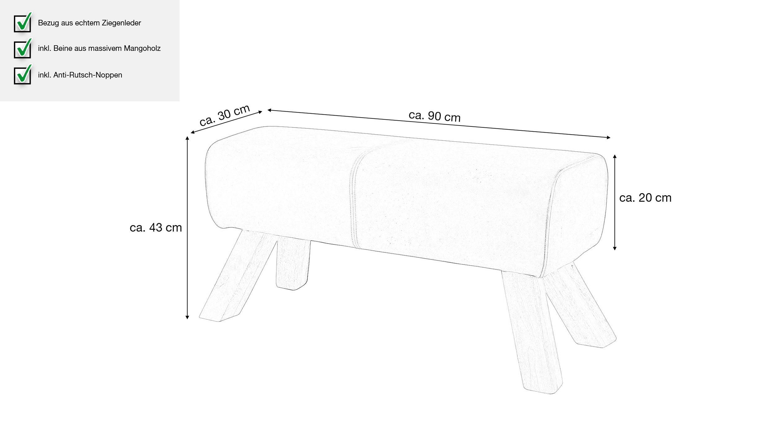 Sitzbank 90 cm echtes Leder Mango massiv lackiert - SORNAS
