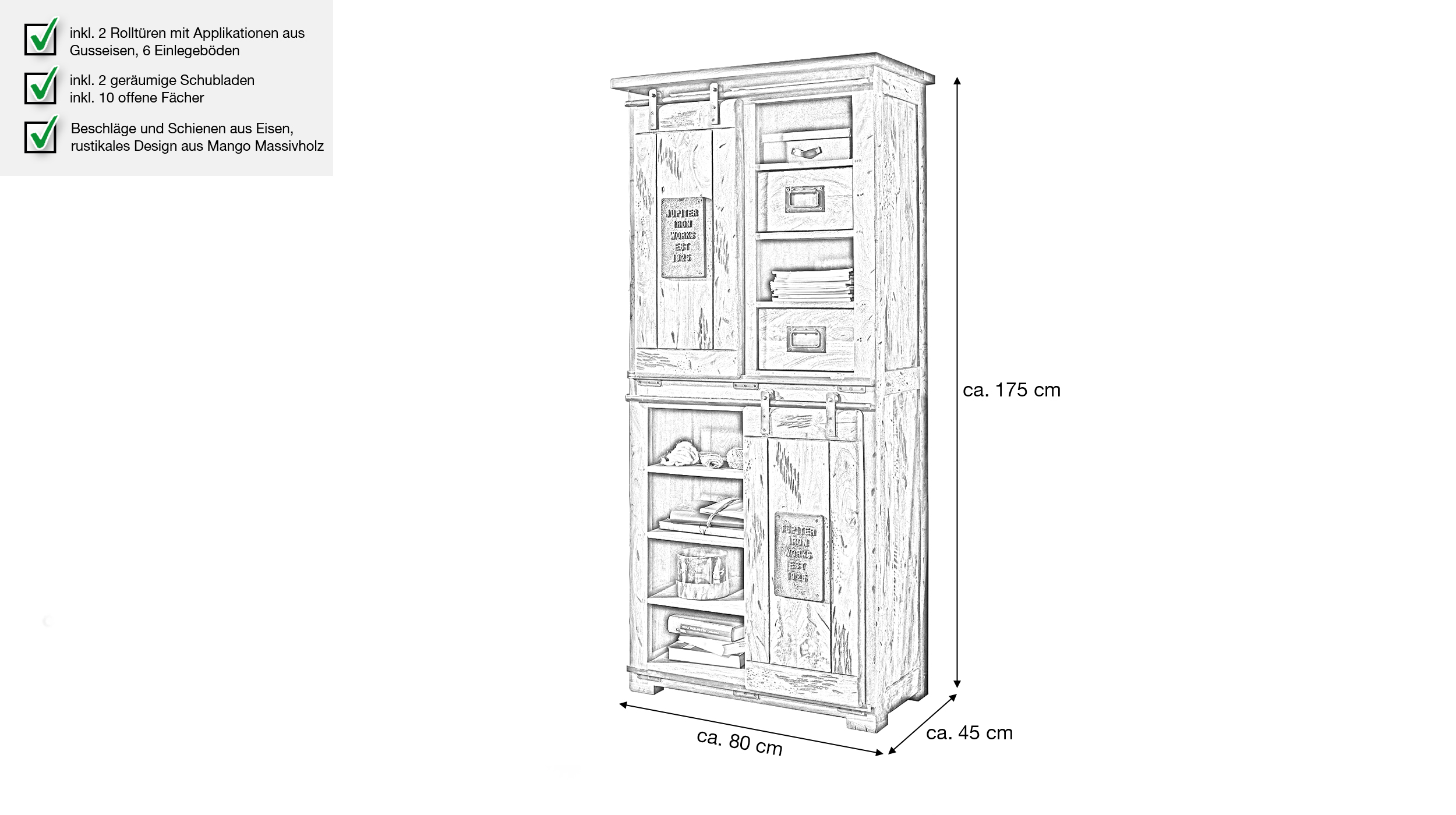 Highboard mit 2 Rolltüren Mango massiv 80 cm - montiert - EMANUEL