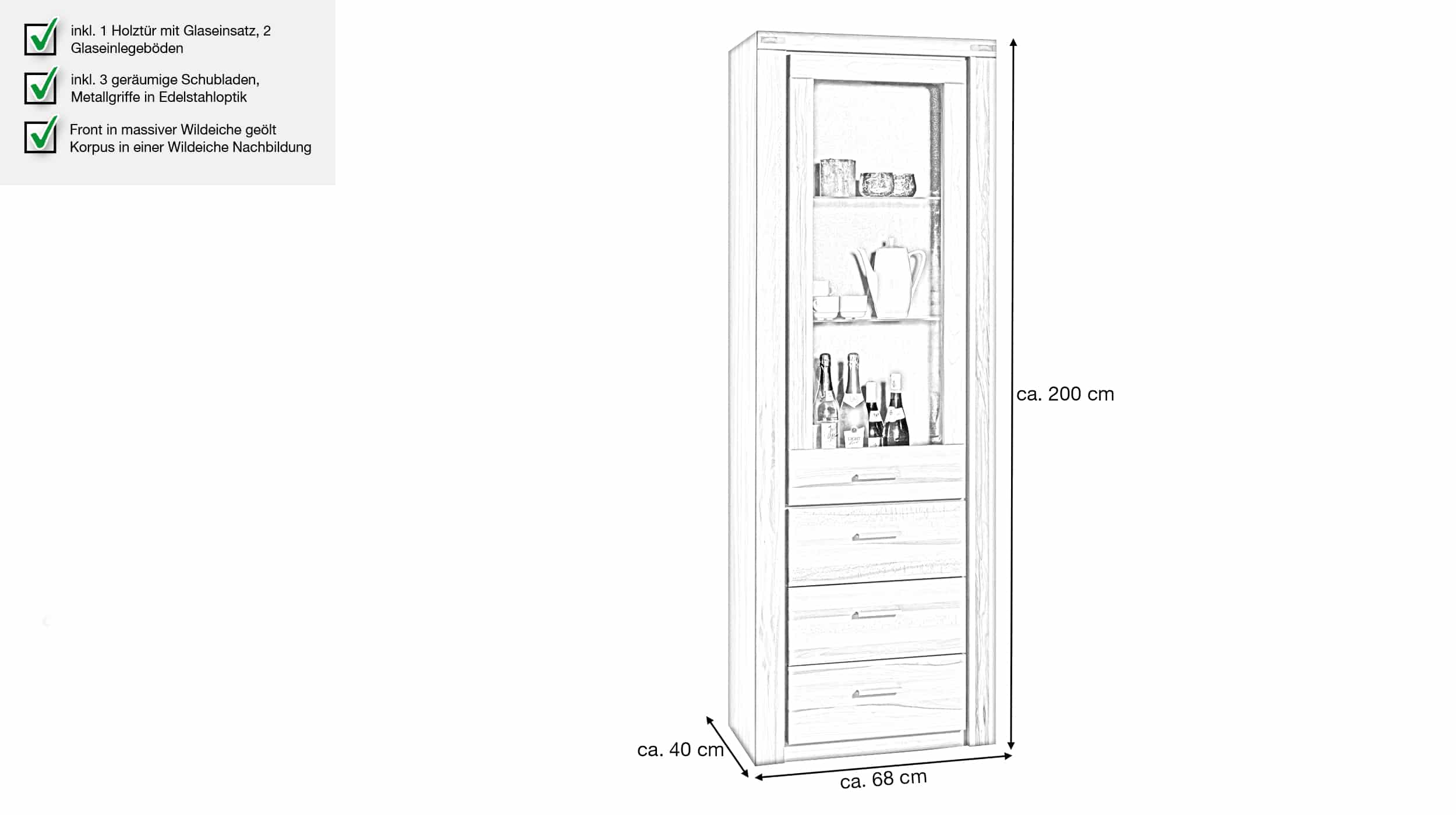 Vitrine Kernbuche teilmassiv geölt 200 cm-Schubladen - FREYJA