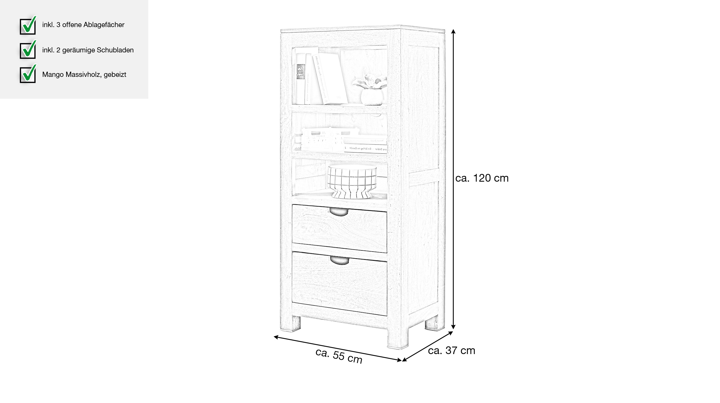 Kommode 55 cm Mango massiv gebeizt - montiert - MANGALA