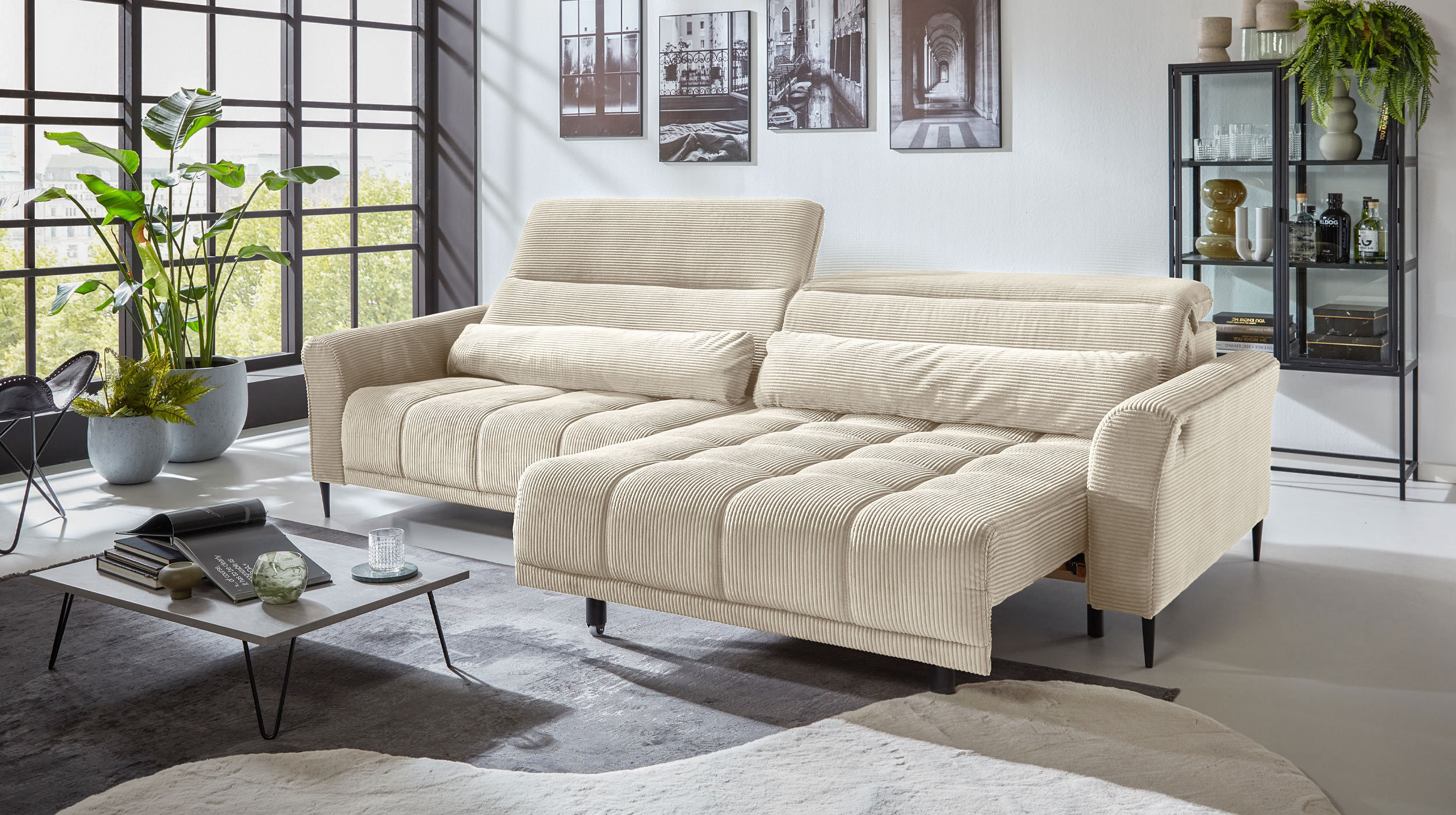 Big Sofa Cord beige - 280 cm - Nosagunterfederung - LOGAN 