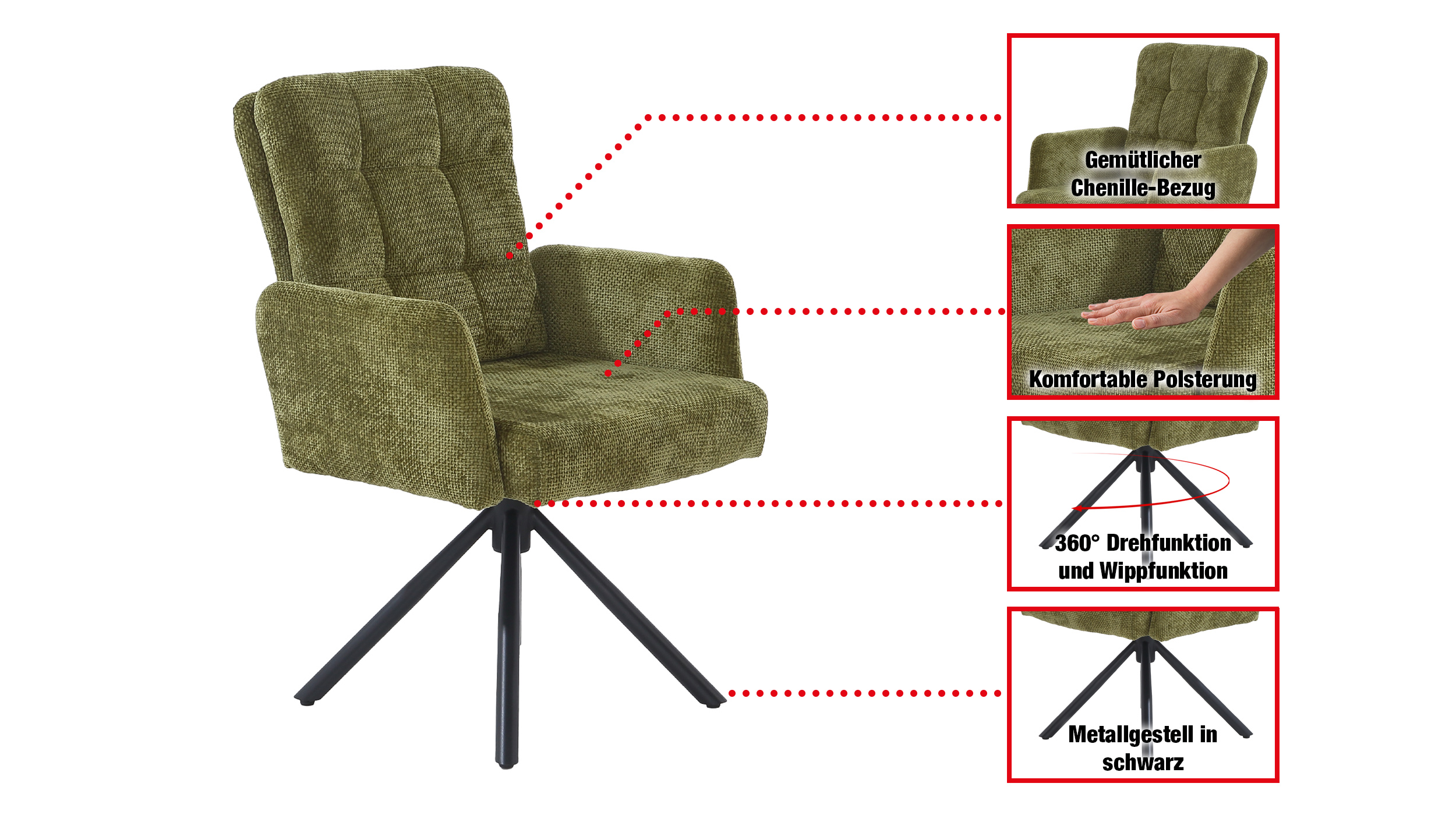 Armlehnstuhl grün Drehstuhl Taschenfederkern Chenille - HEDIA