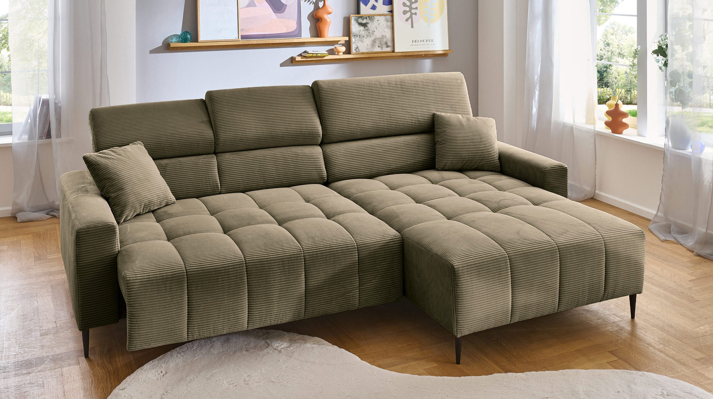 Ecksofa Cord grün ausziehbar - Sitztiefenverstellung 256 cm - OT rechts - SIMPLE