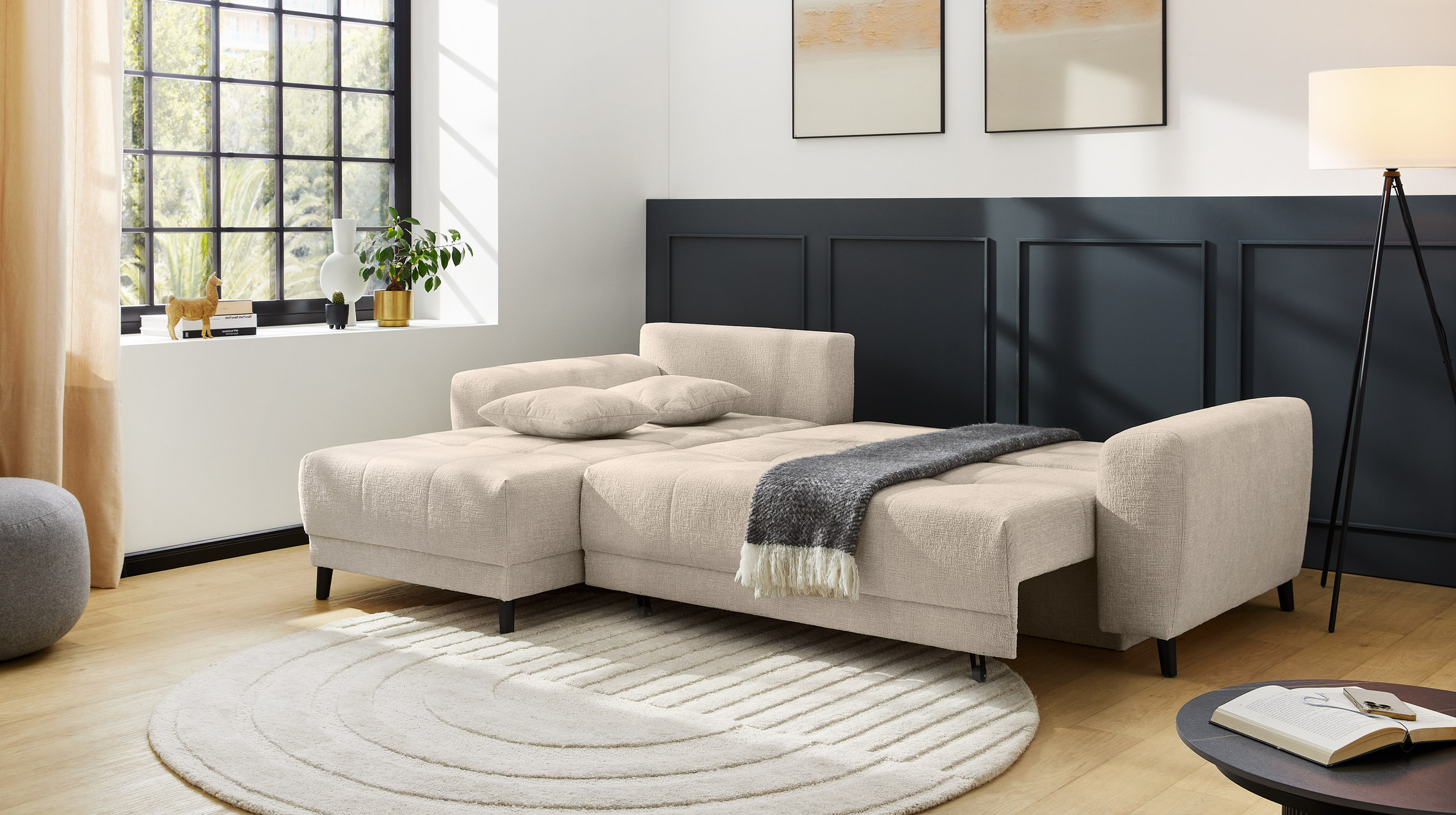 Ecksofa mit Schlaffunktion beige 251 x 172 cm - Bettkasten - BEVERLY  Ecksofa mit Schlaffunktion beige 251 x 172 cm - Bettkasten - BEVERLY