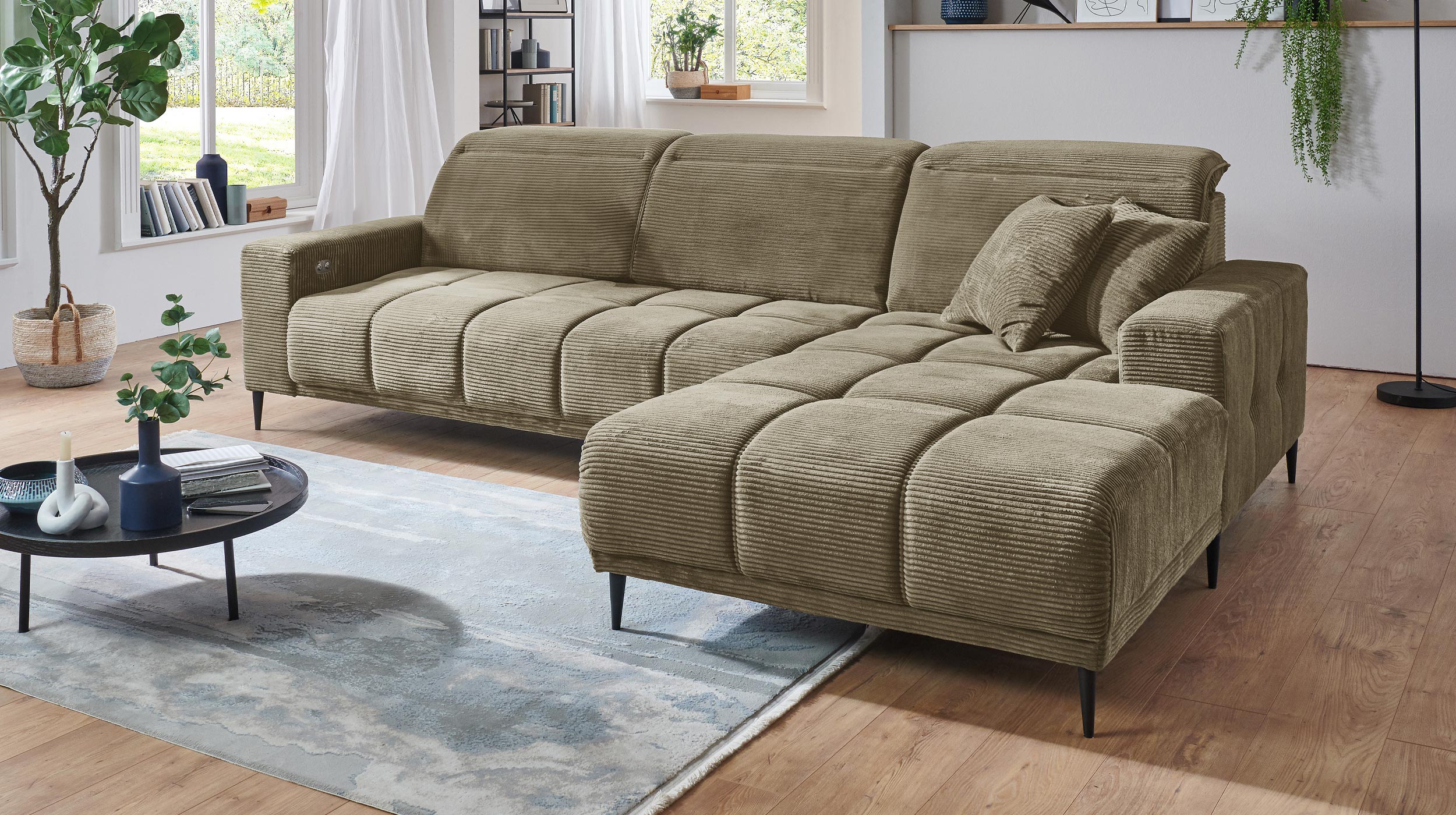 Ecksofa Cord grün ausziehbar - Sitztiefenverstellung 286 cm - OT rechts - MARISOL