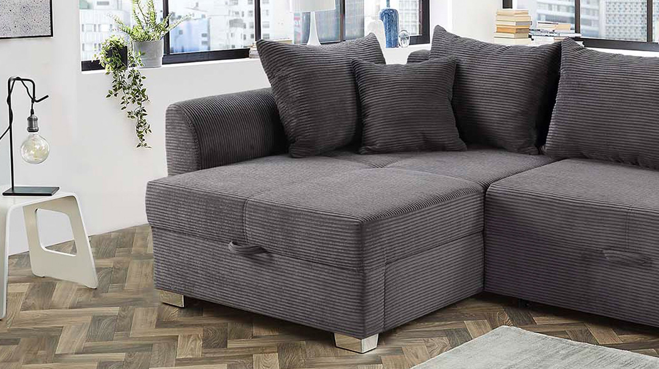 Ecksofa Cordbezug grau 236 x 160 cm - Bettkasten - BOOMER