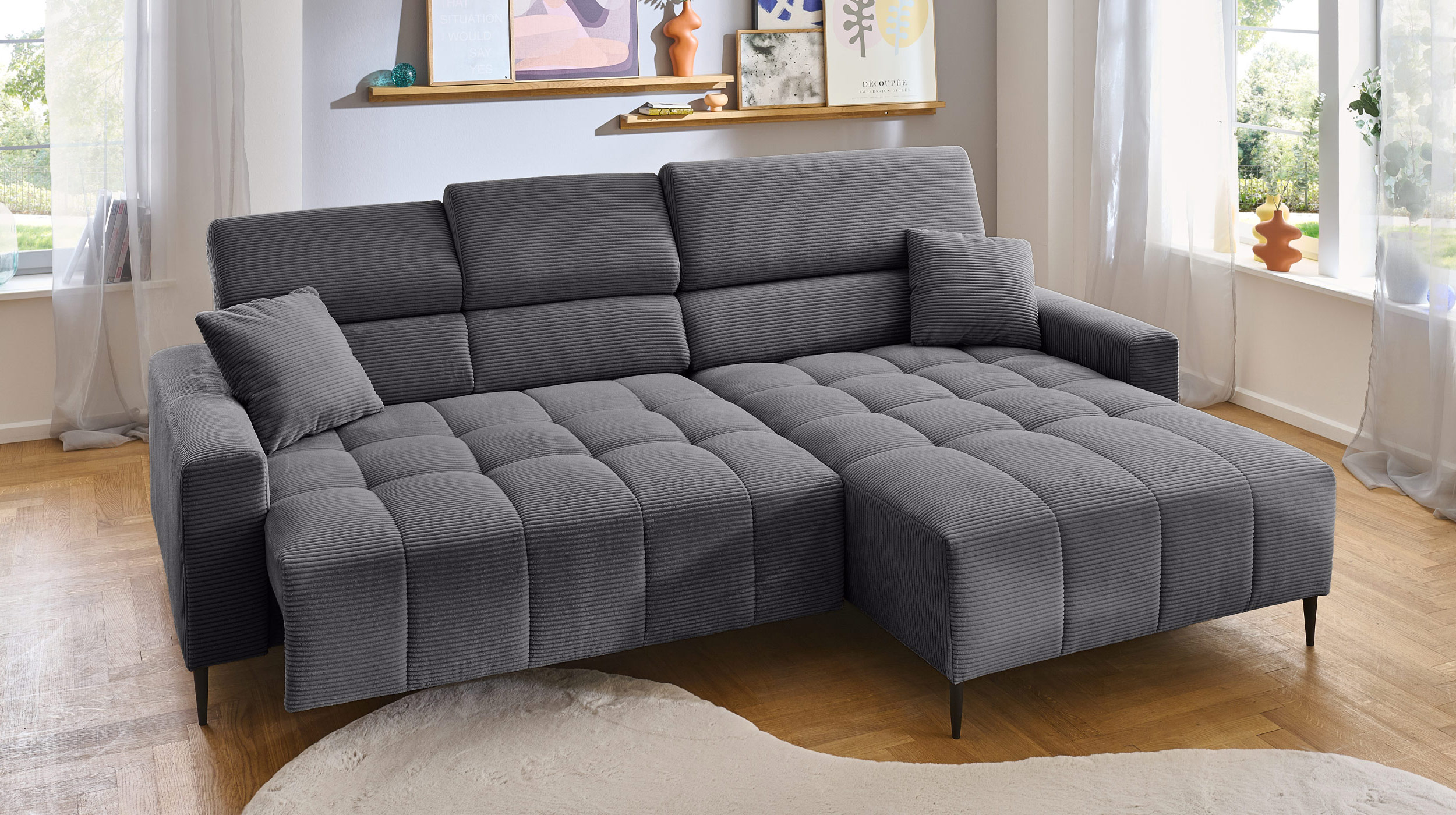 Ecksofa Cord grau ausziehbar - Sitztiefenverstellung 256 cm - OT rechts - SIMPLE