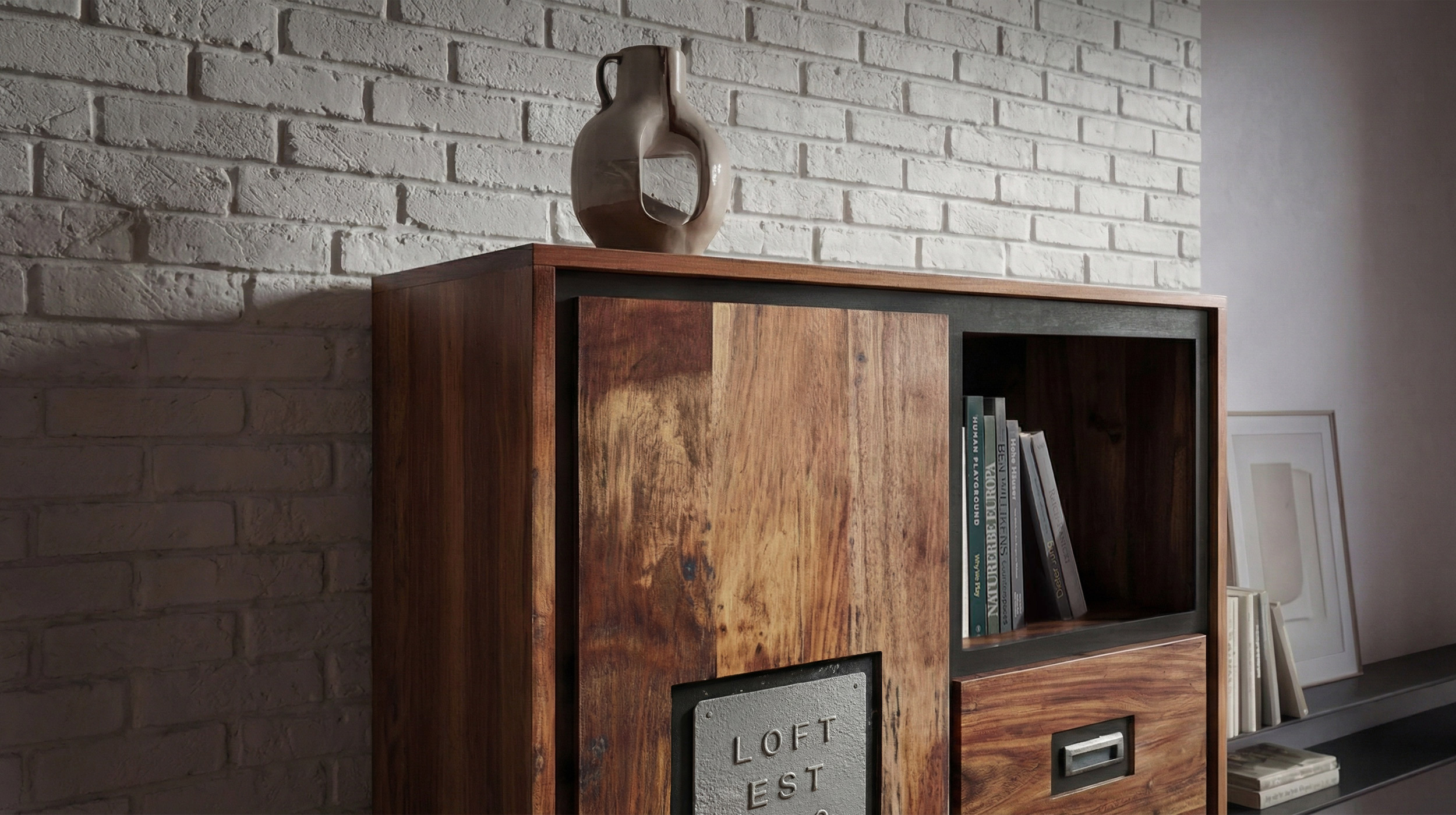 Highboard Akazie Altholz massiv montiert - 75 cm - NARVIK