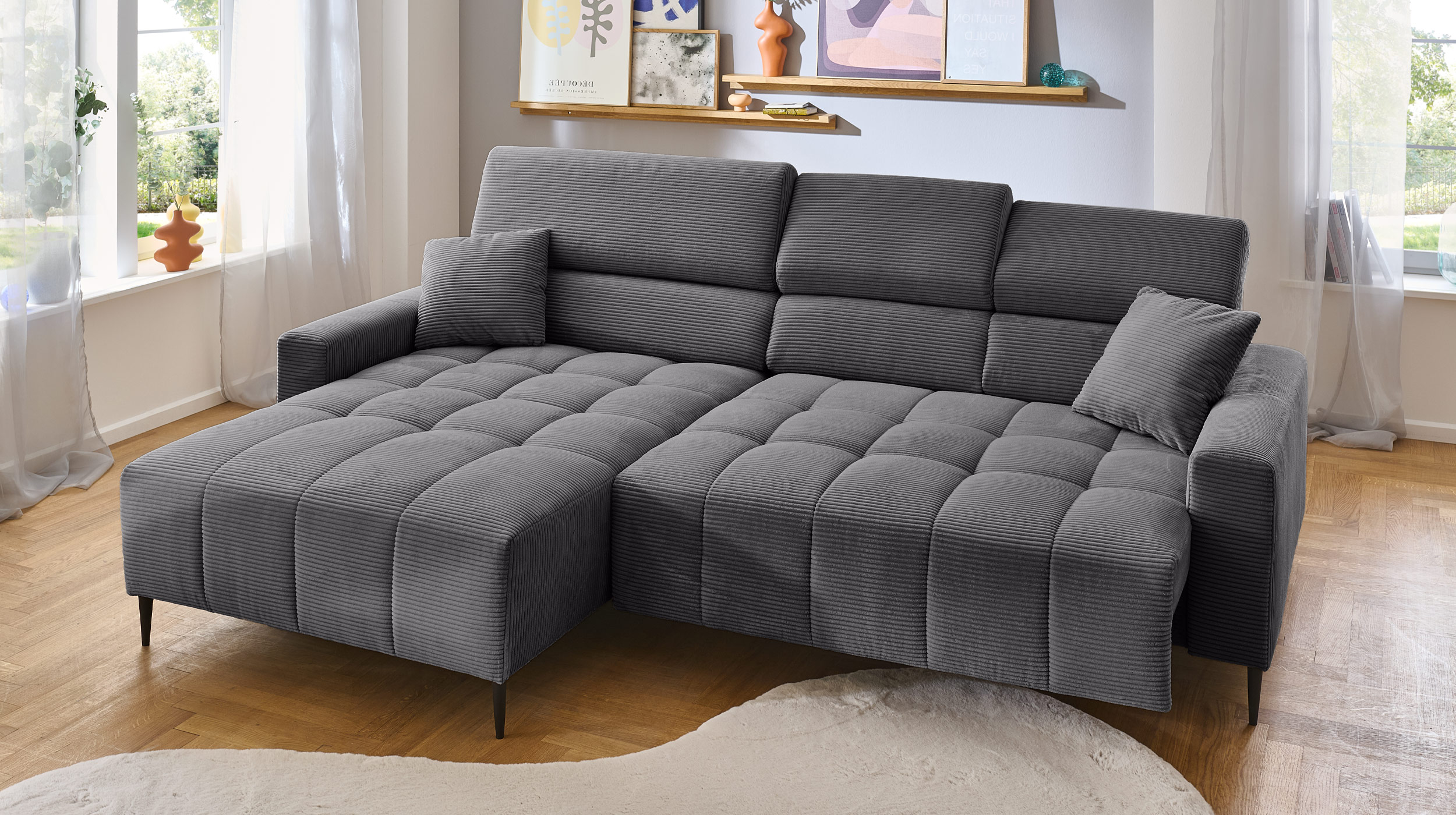 Ecksofa Cord grau ausziehbar - Sitztiefenverstellung 256 cm - OT links - SIMPLE