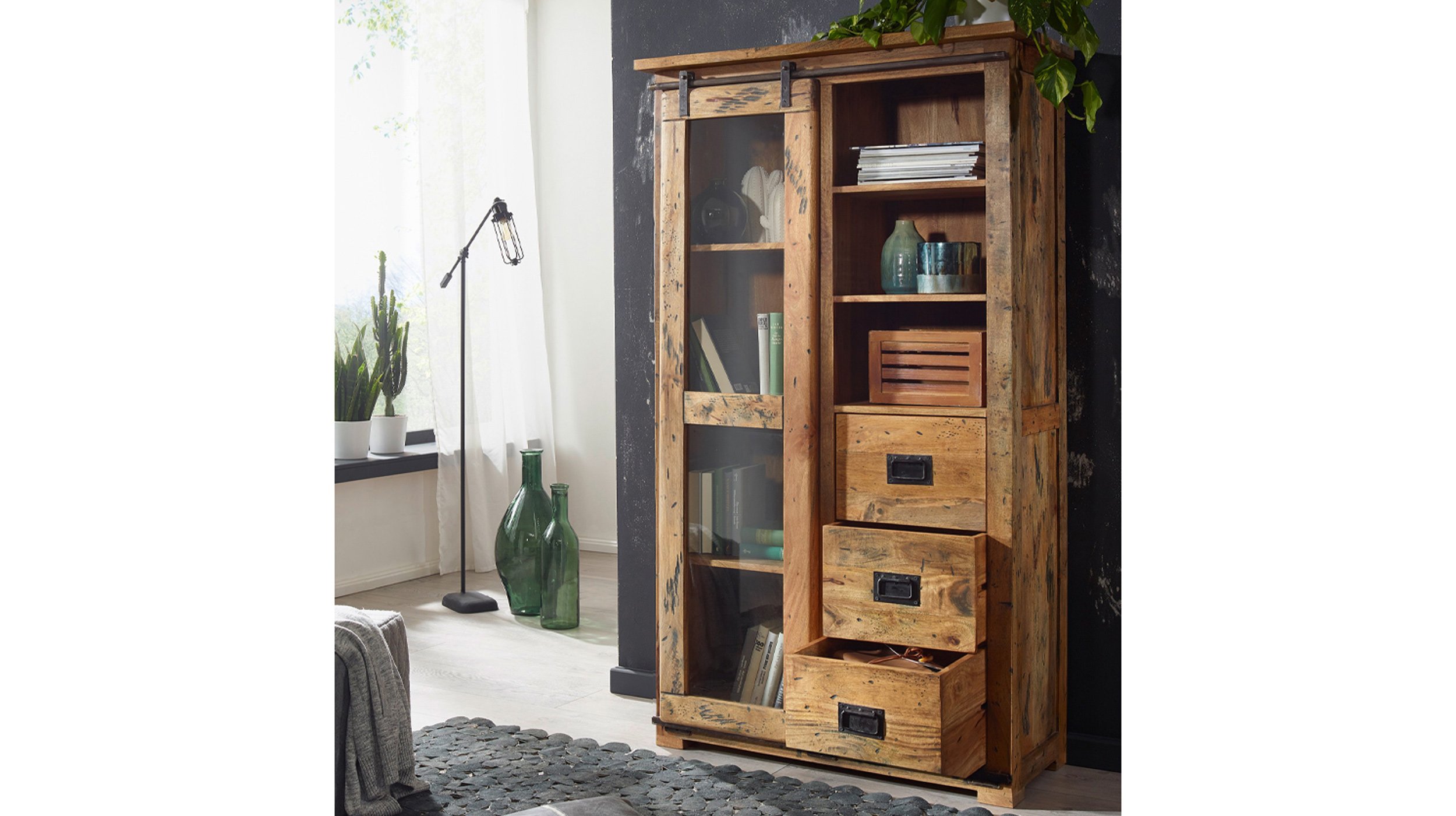 Vitrine mit Schiebetür Mango massiv Breite 100 cm - EMANUEL