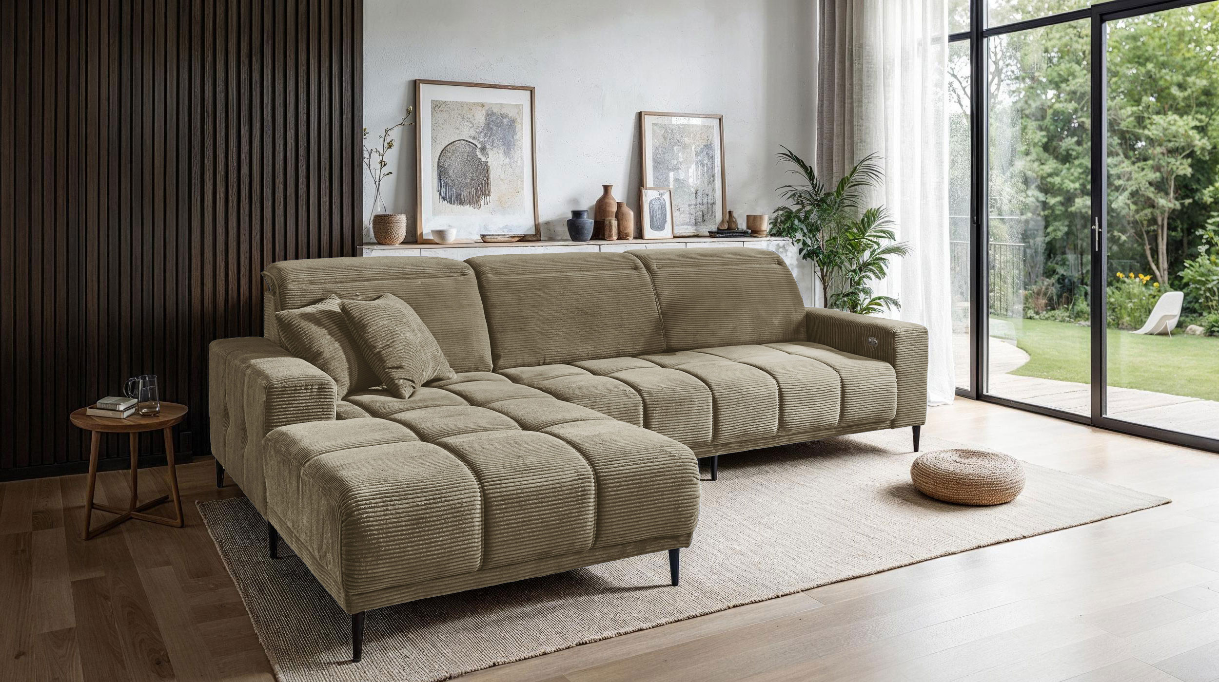 Ecksofa Cord grün ausziehbar - Sitztiefenverstellung 286 cm - OT links - MARISOL