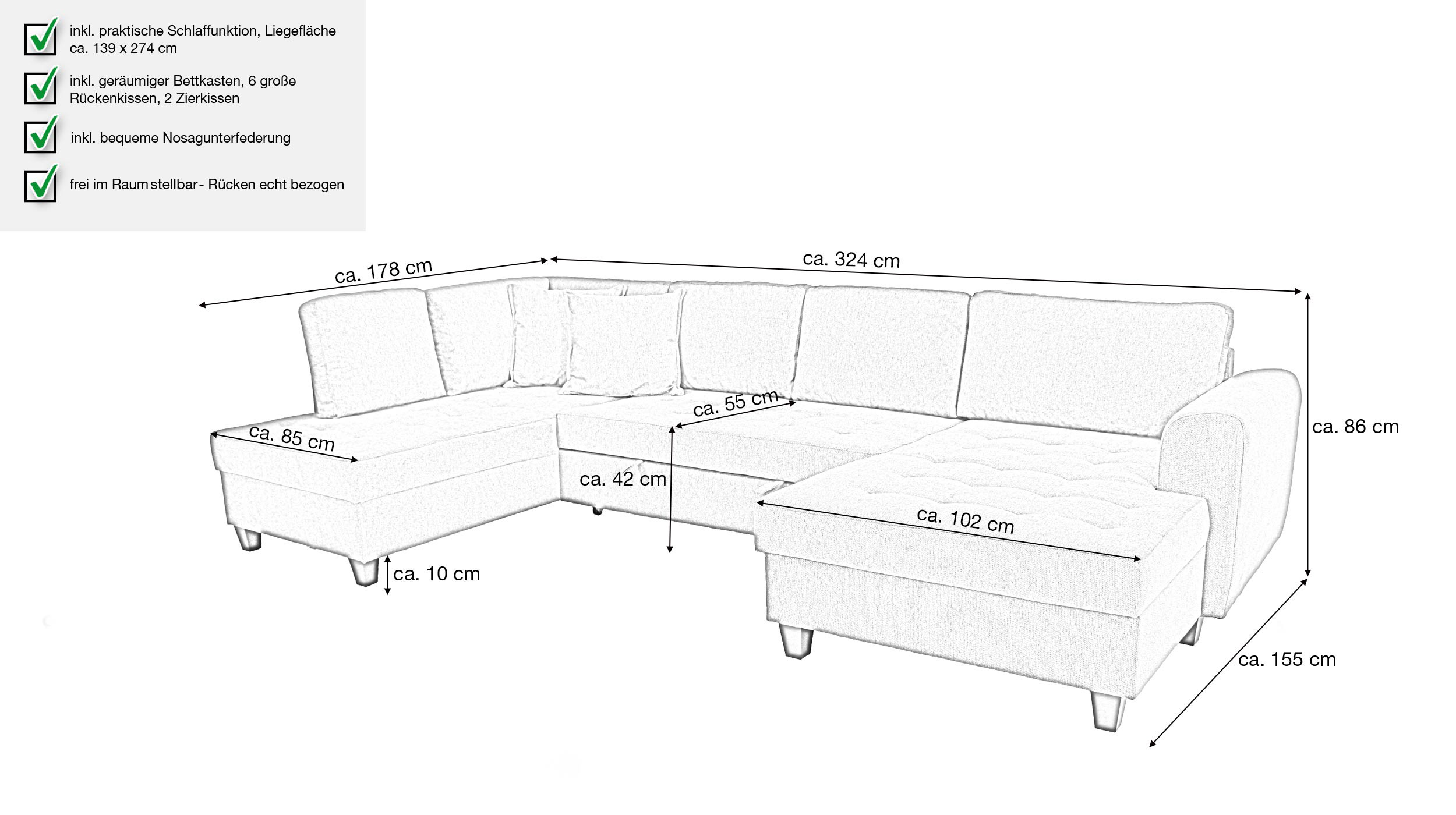 Wohnlandschaft Schlaffunktion Cord grau Bettkasten 324 cm - MANDALIA