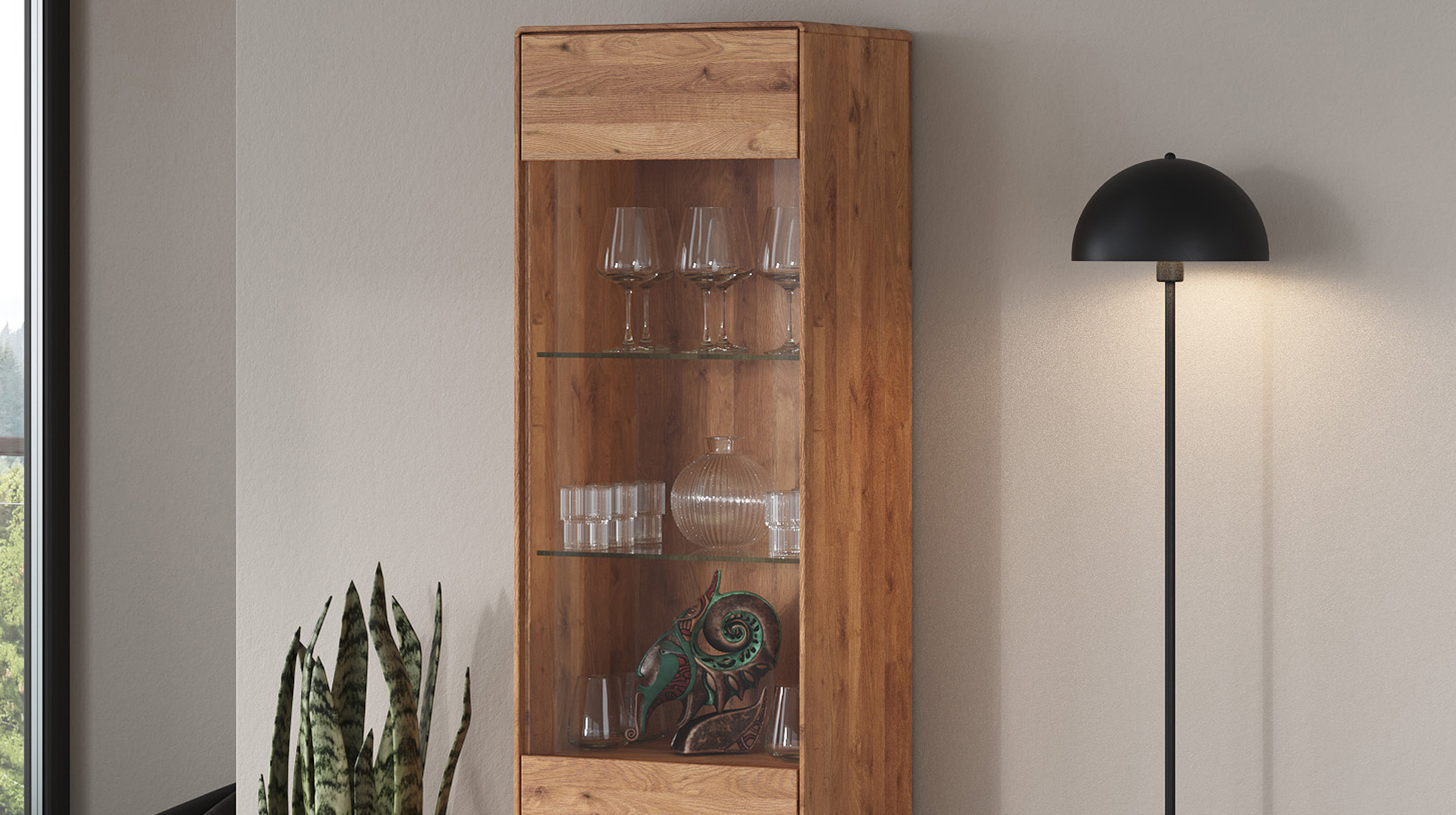Vitrine mit Glastür Wildeiche massiv Breite 51 cm - LUCAS