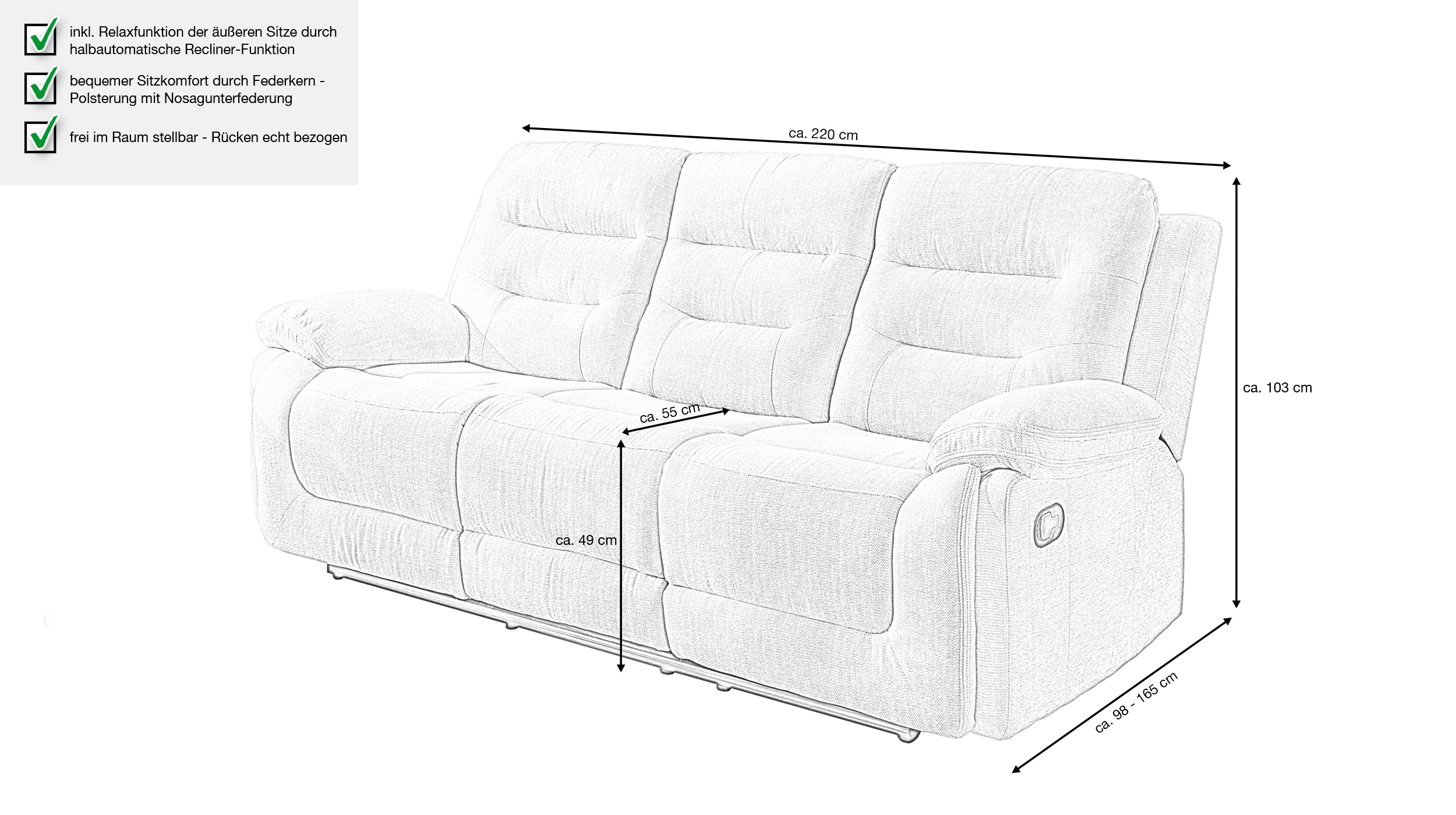 Einzelsofa 3-Sitzer grau 220 cm - mit Relaxfunktion - SYLT