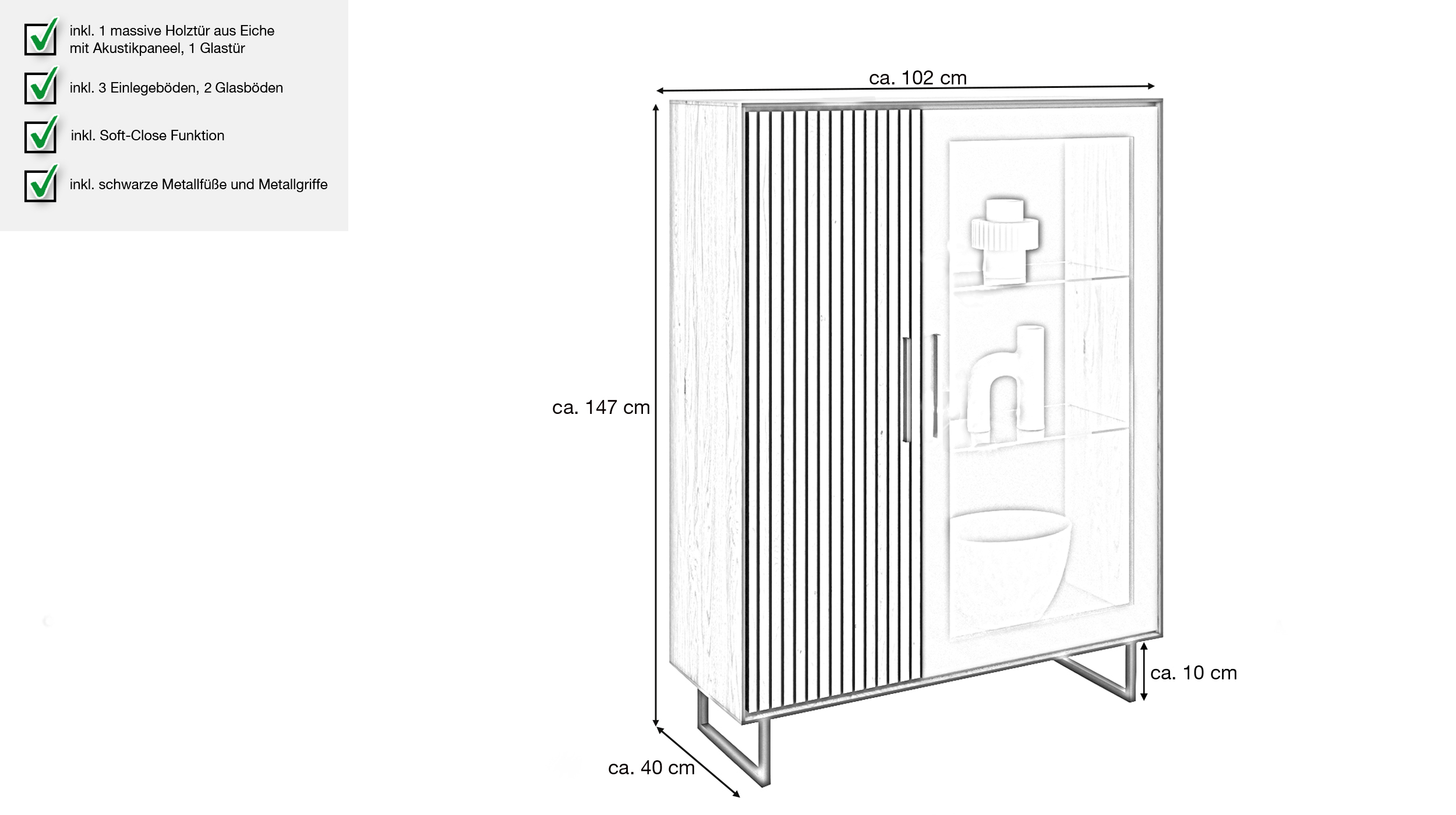 Vitrine mit Glastür Eiche geölt 102 cm - BELLA