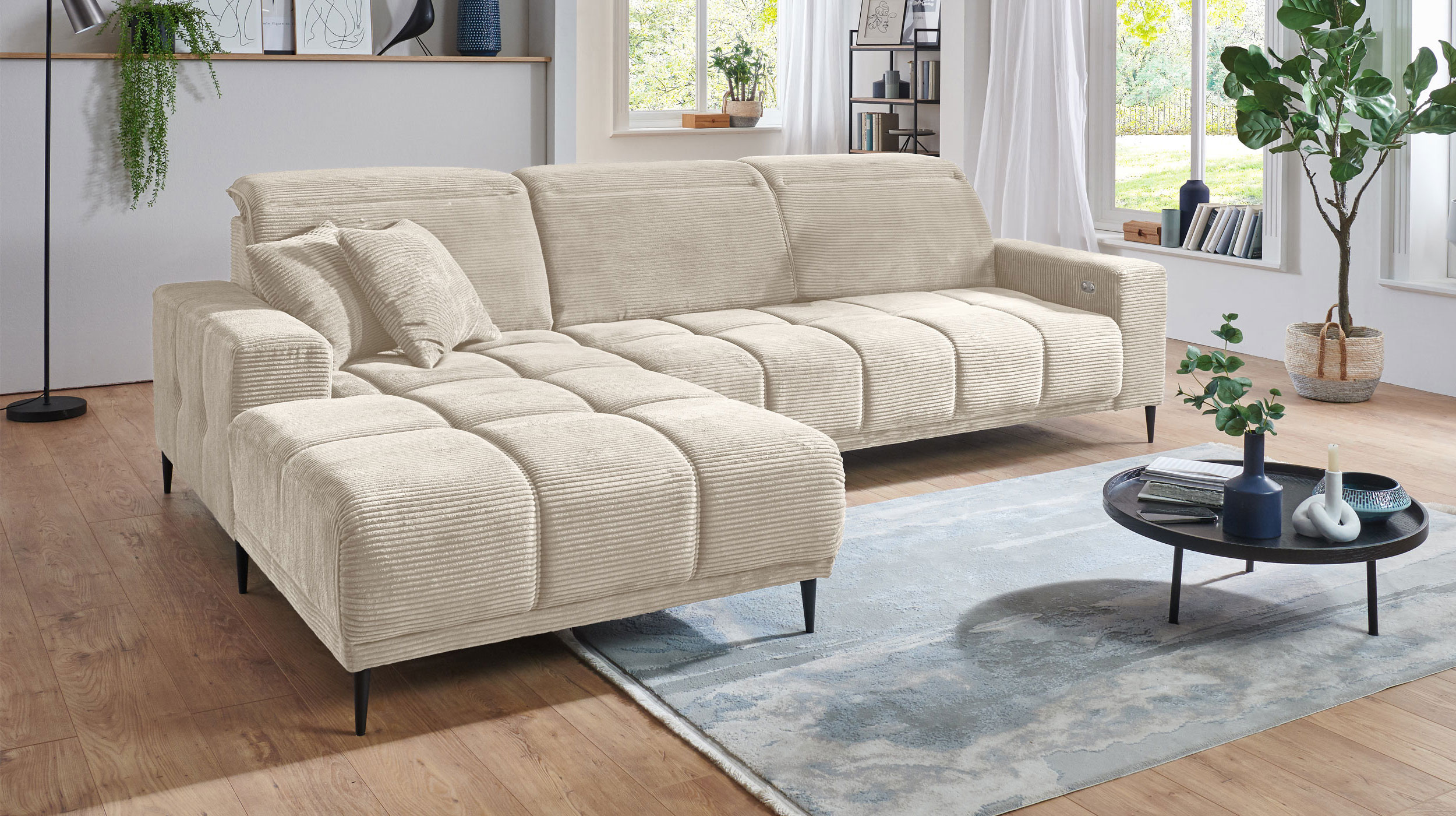 Ecksofa Cord beige ausziehbar - Sitztiefenverstellung 286 cm - OT links - MARISOL