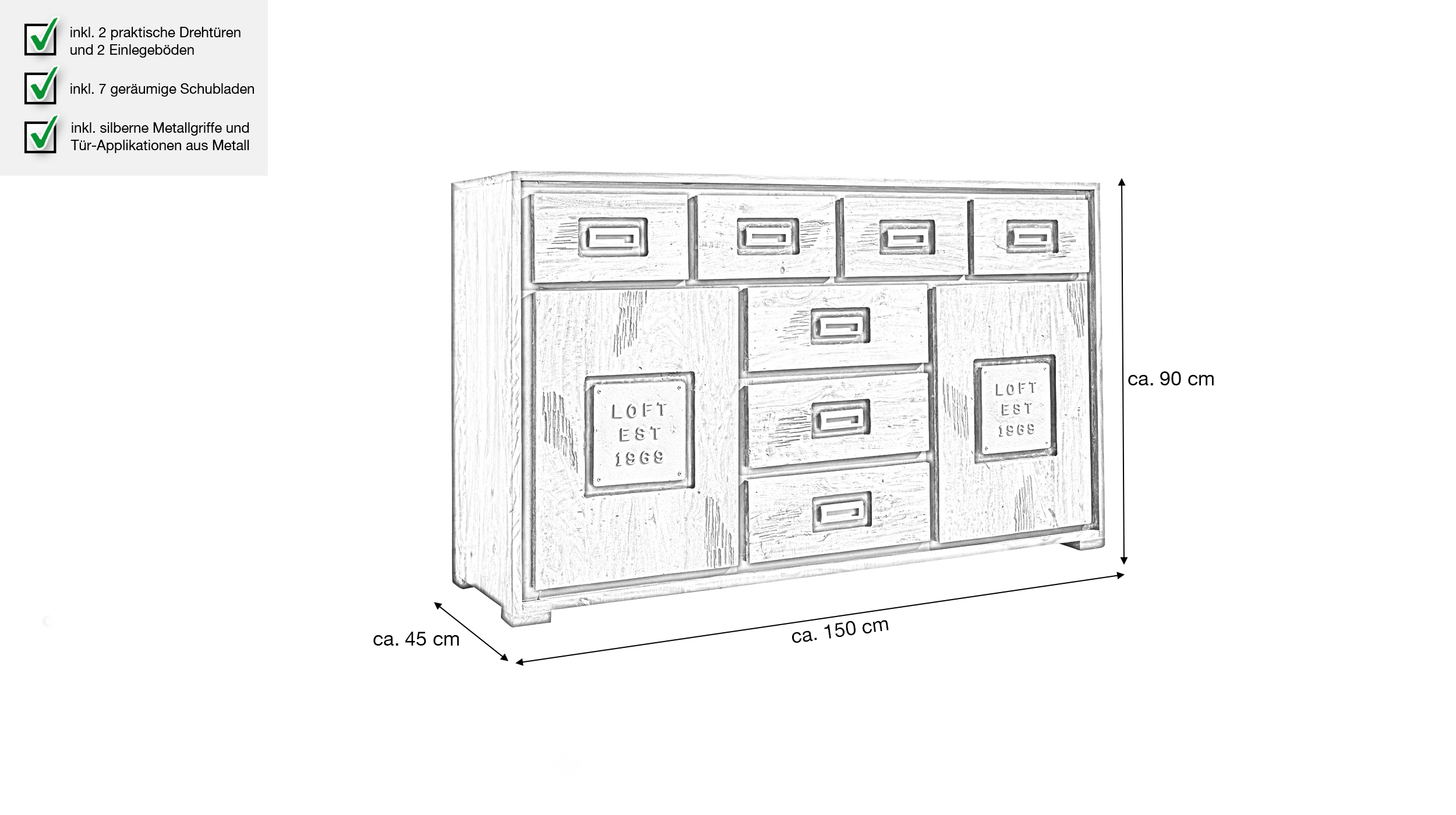 Sideboard Akazie Altholz massiv montiert - 150 cm - NARVIK