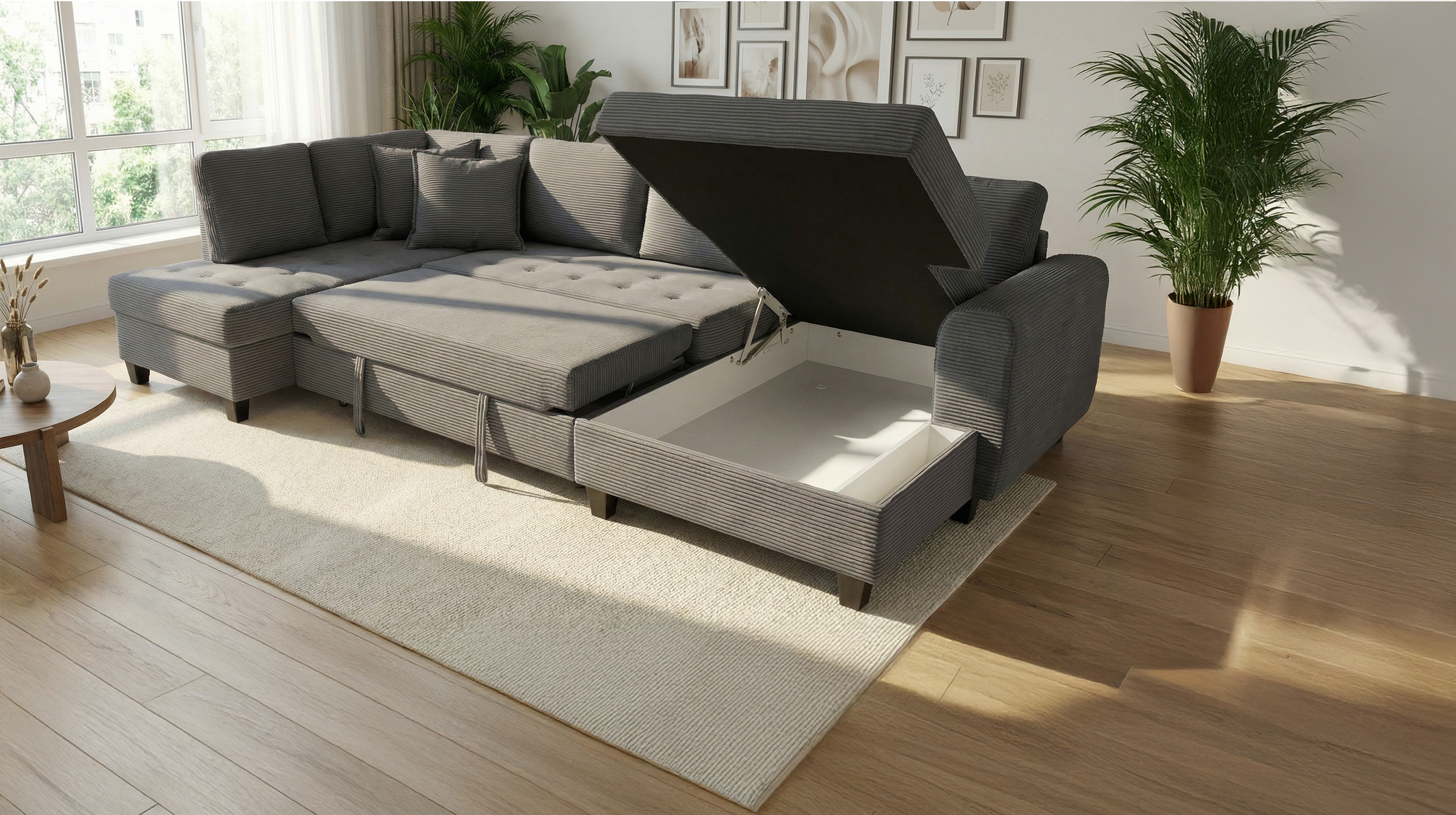 Wohnlandschaft Schlaffunktion Cord grau Bettkasten 324 cm - MANDALIA