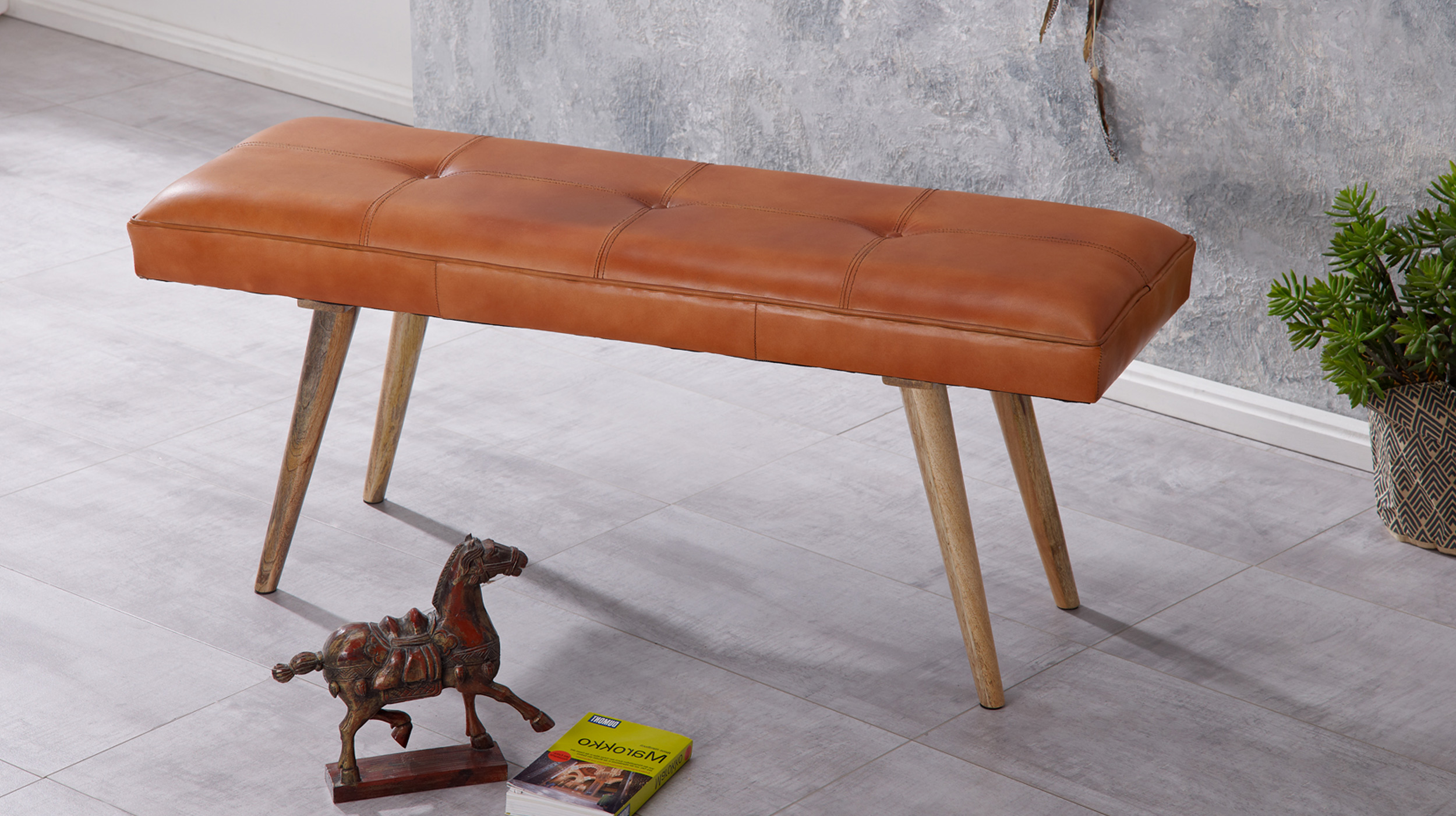 Sitzbank 117 cm echtes Leder braun Mango massiv - ARIKA 