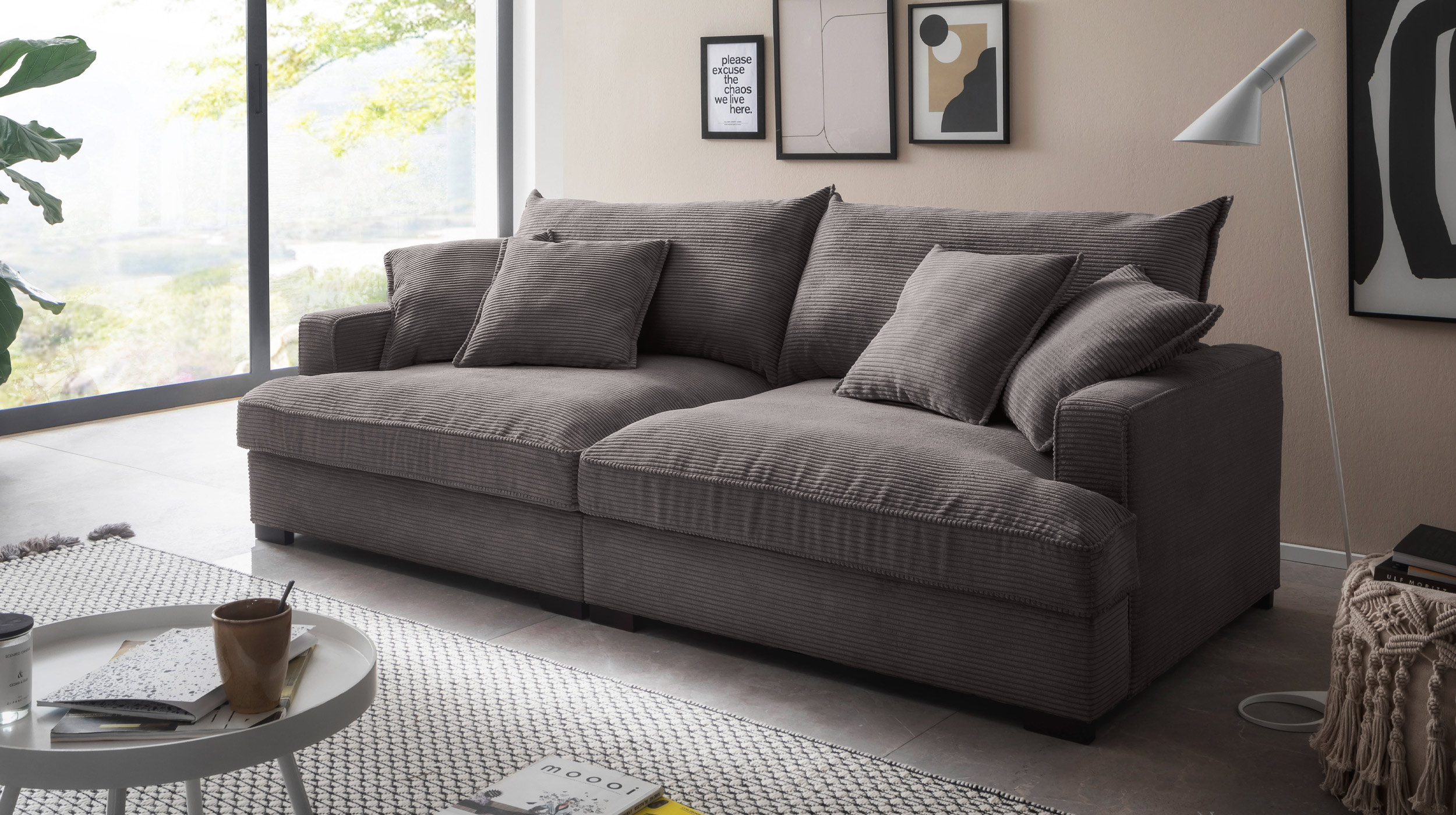 Big Sofa Cord grau - 242 cm - Nosagunterfederung - TRIBECCA 