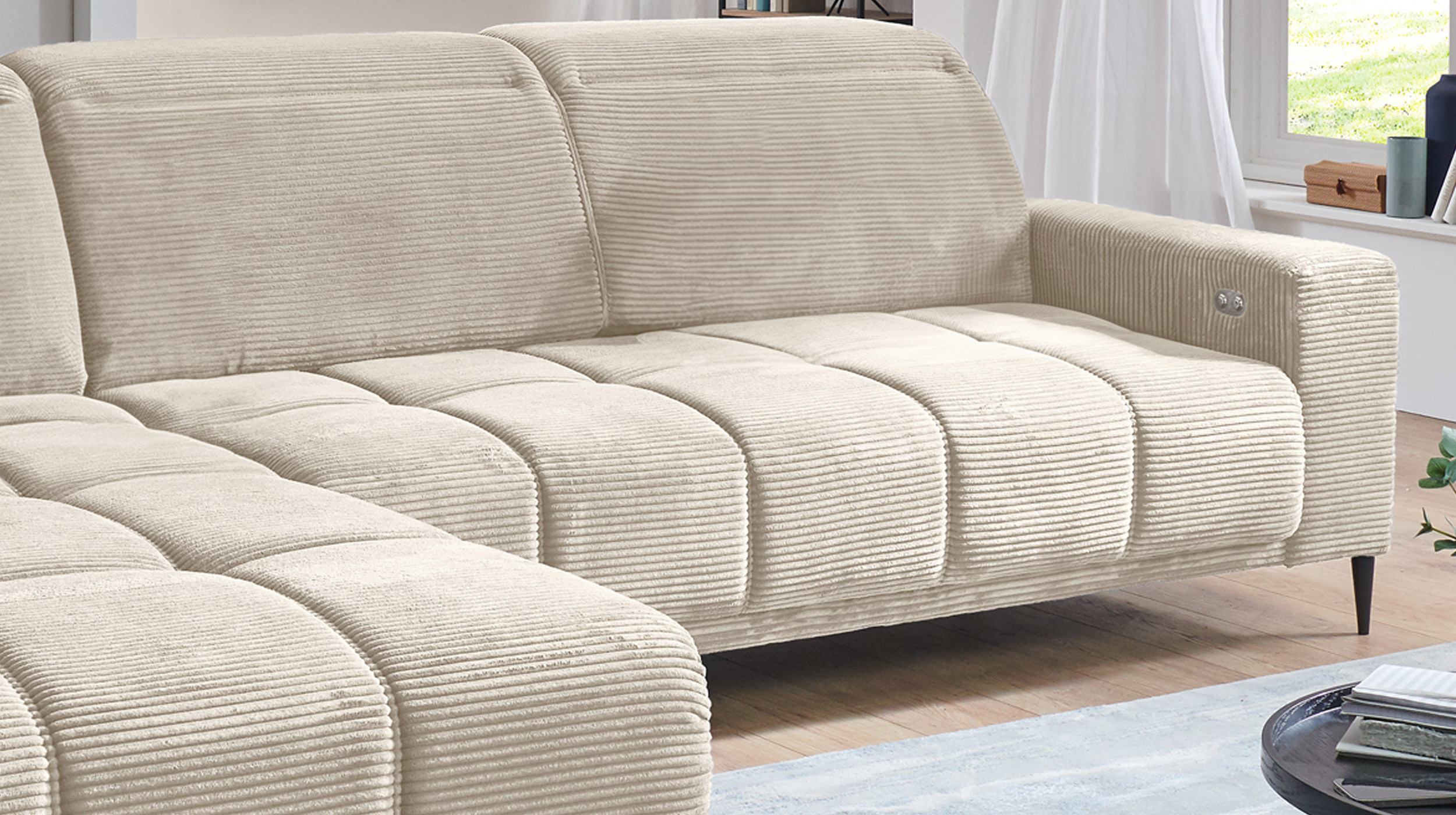 Ecksofa Cord beige ausziehbar - Sitztiefenverstellung 286 cm - OT links - MARISOL